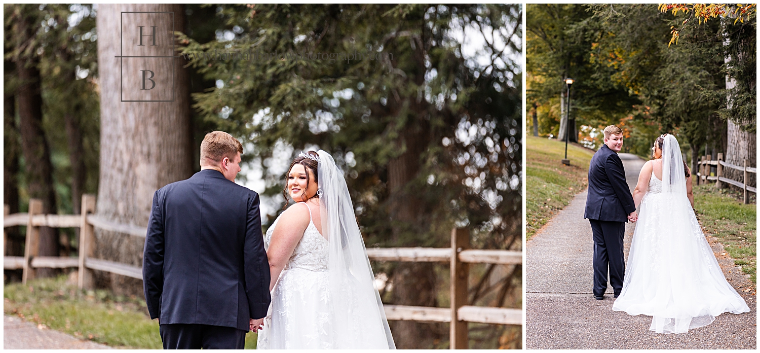 Bride looks back at camera