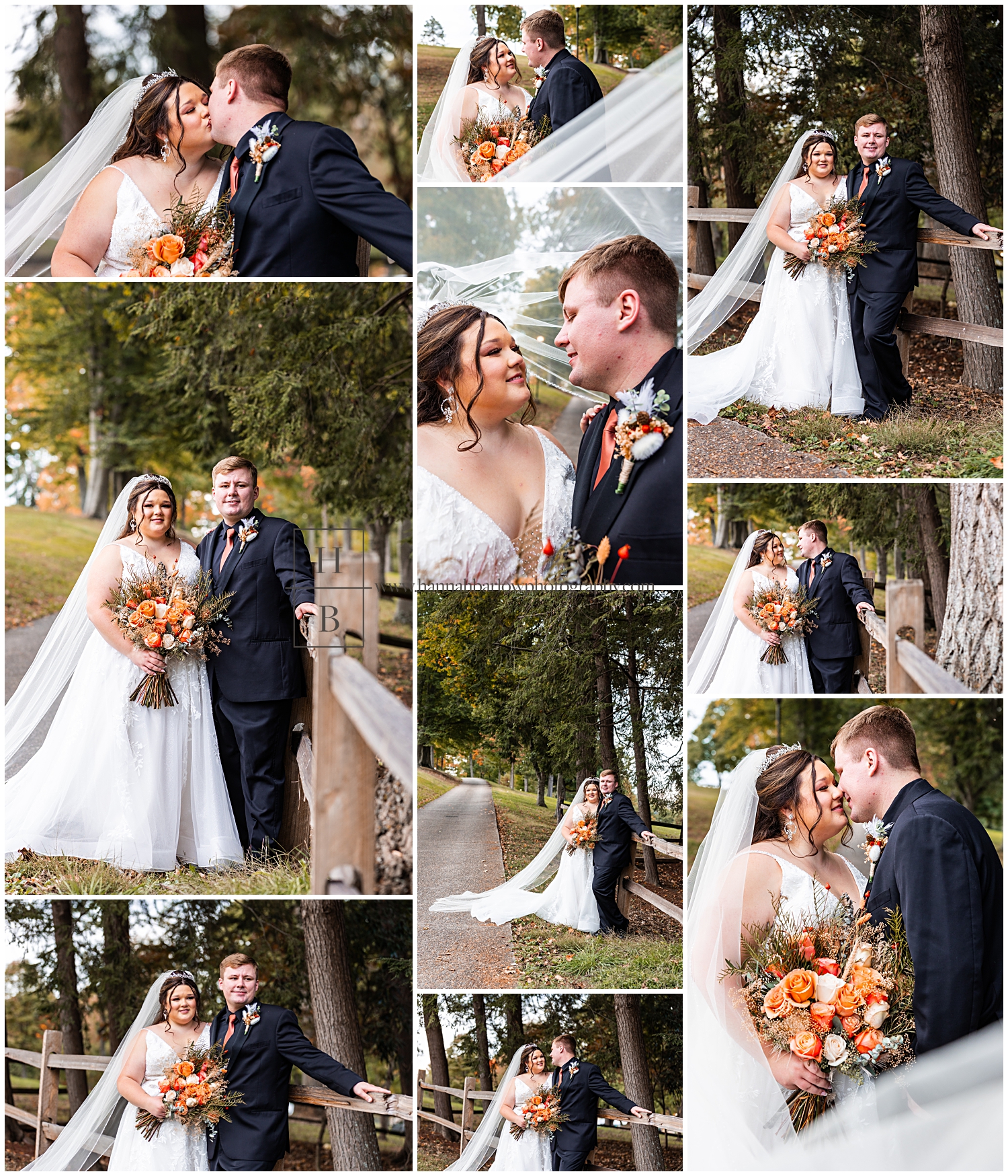 Bride holding orange flowers poses