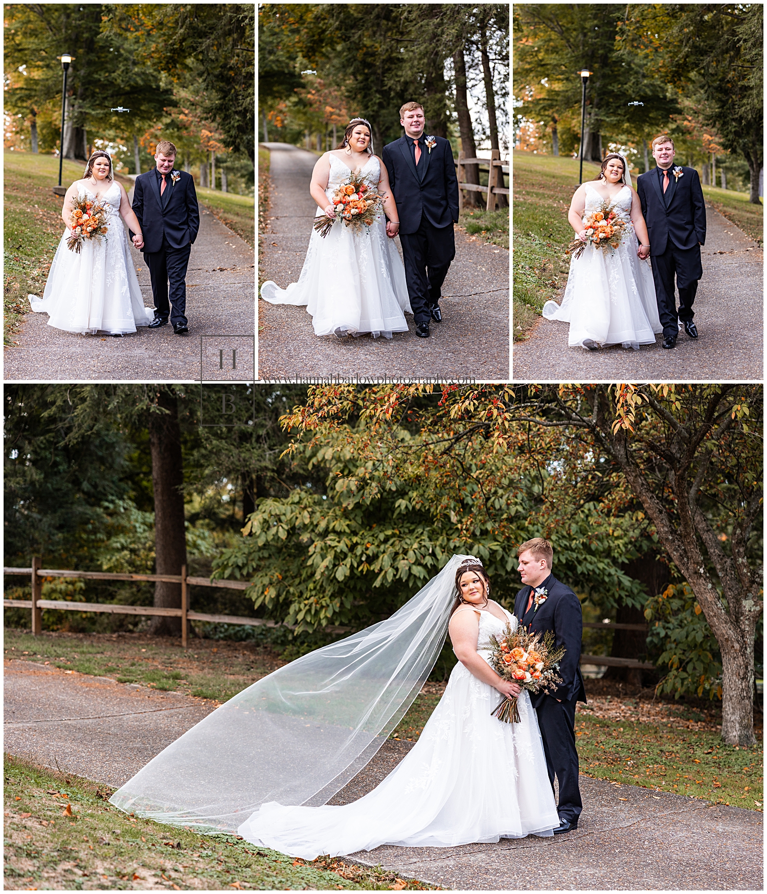 Bride and Groom walk down asphalt path