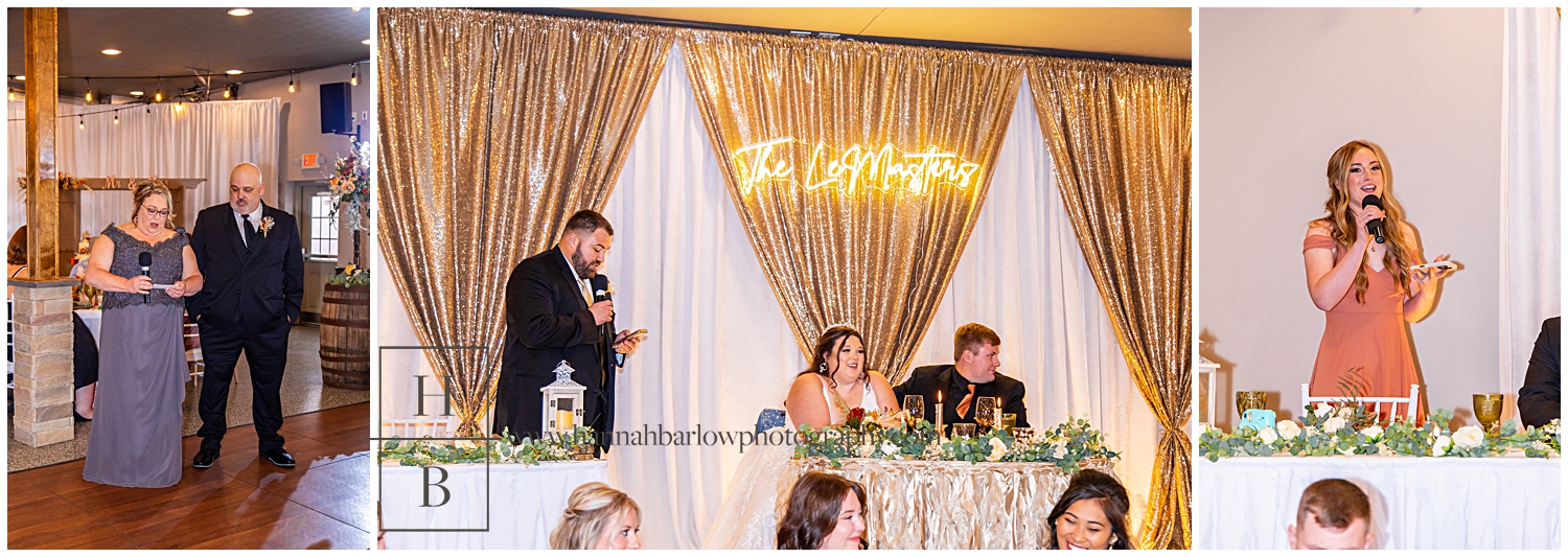 Bridal party members and family give speeches at reception