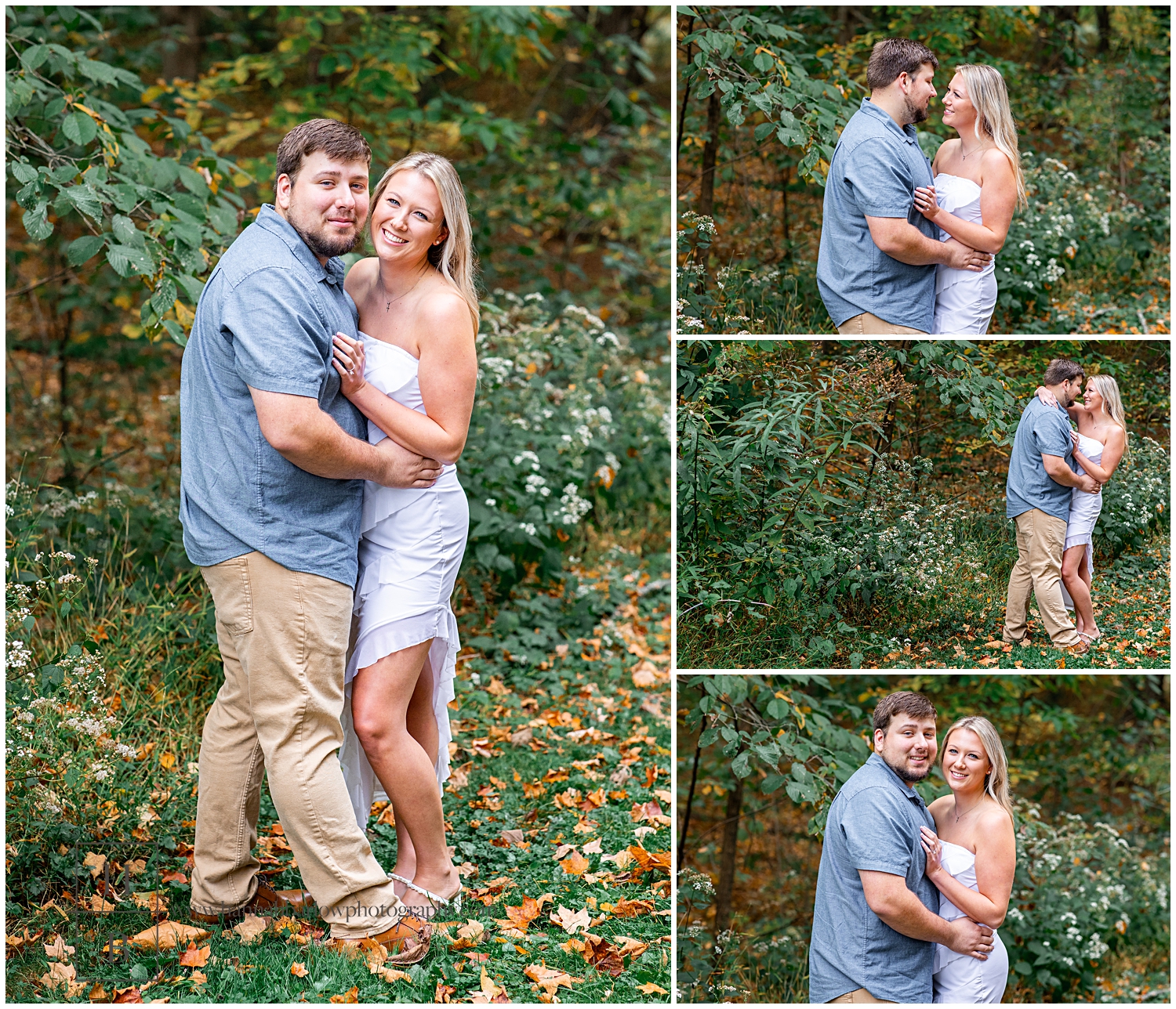 Man and blue shirt poses with fiancé and white dress