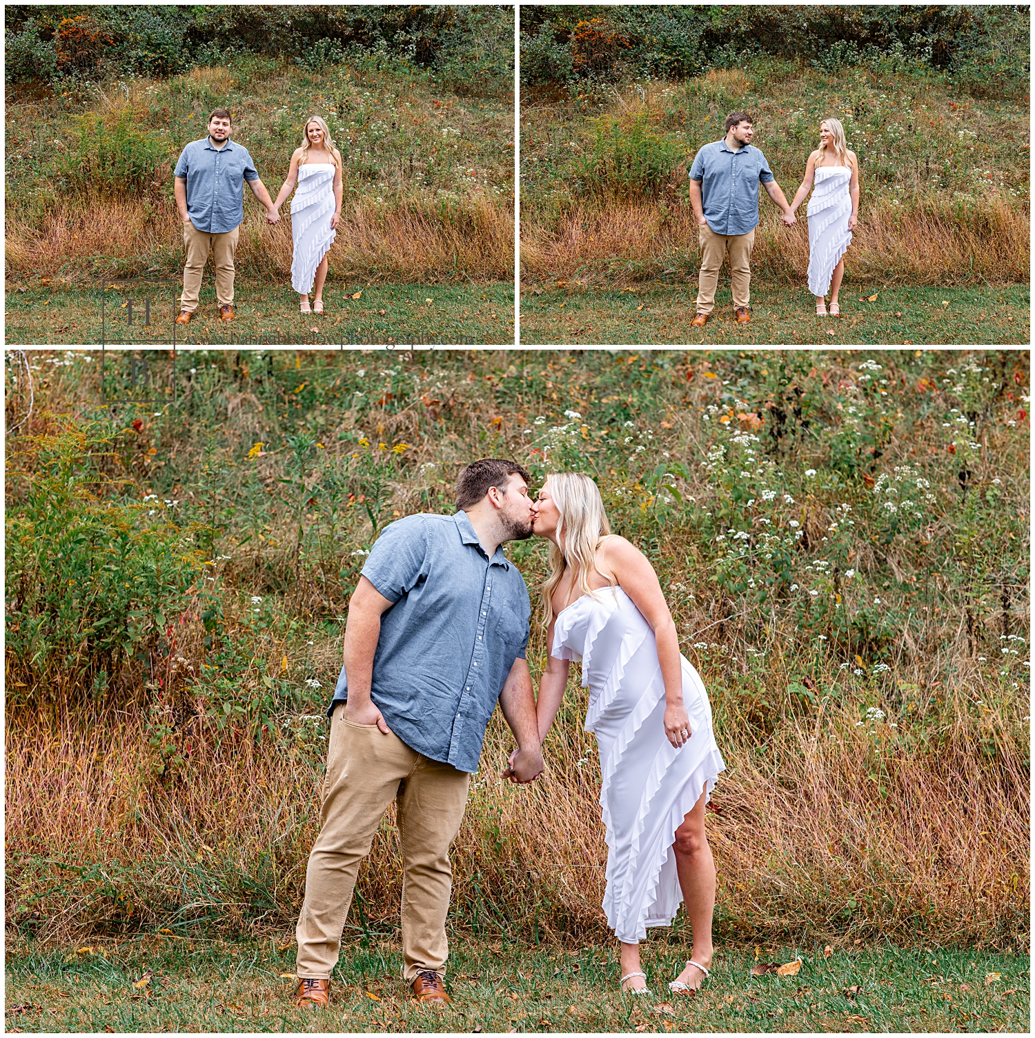 Man and woman stand together holding hands for engagement photos