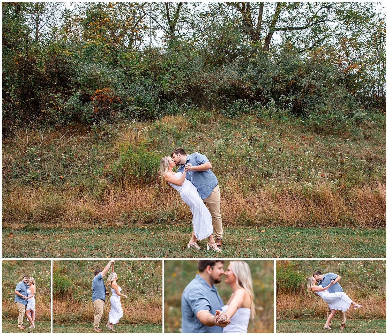 And dips fiancé and white dress for engagement photos