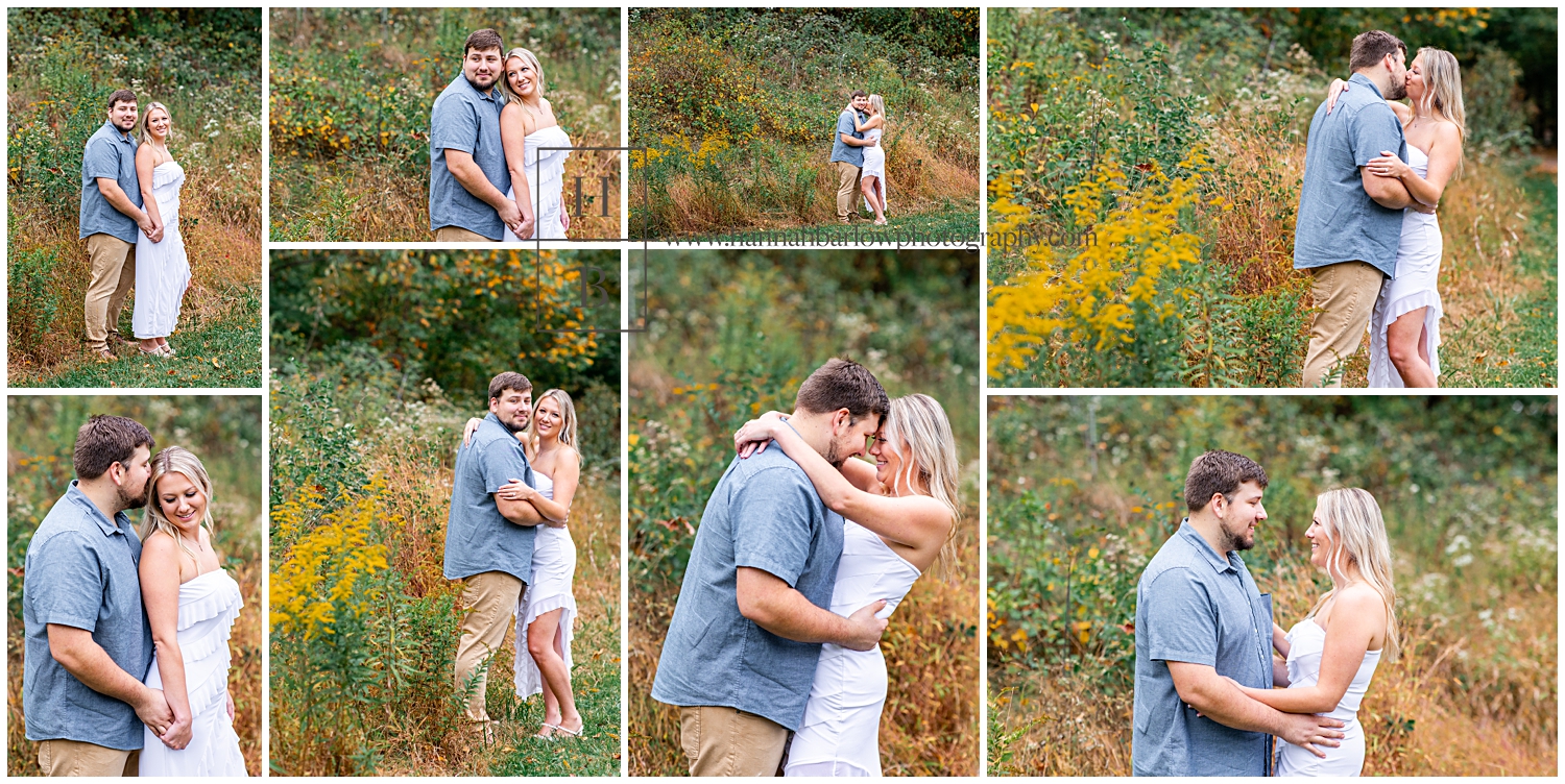 Man and blue shirt and braces fiancé and white dress tightly for engagement photos