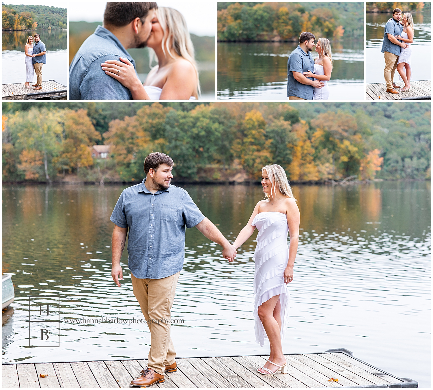 Man and woman stand on dock and pose for engagement photos