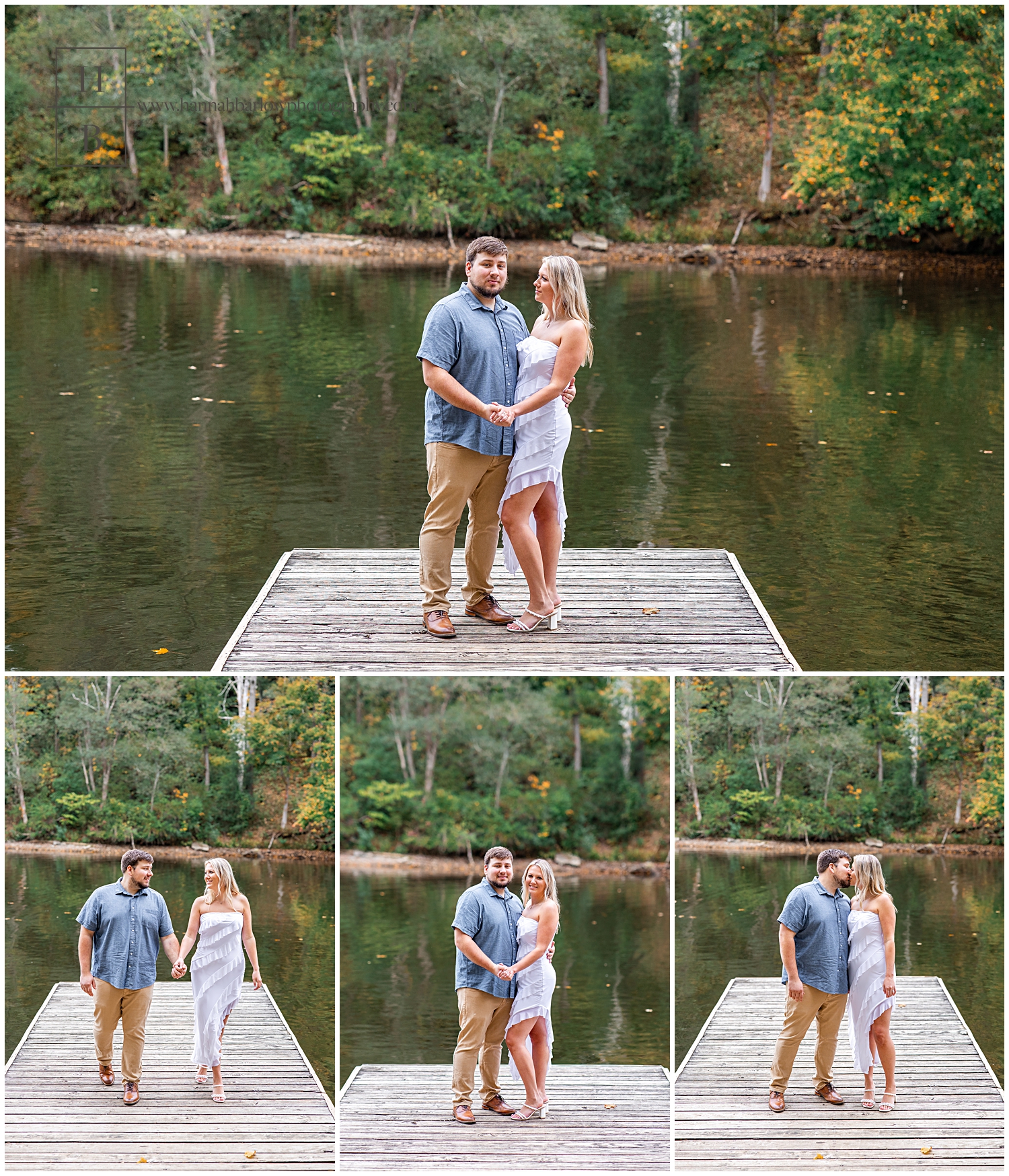 Man and woman embrace on Dock for engagement photos