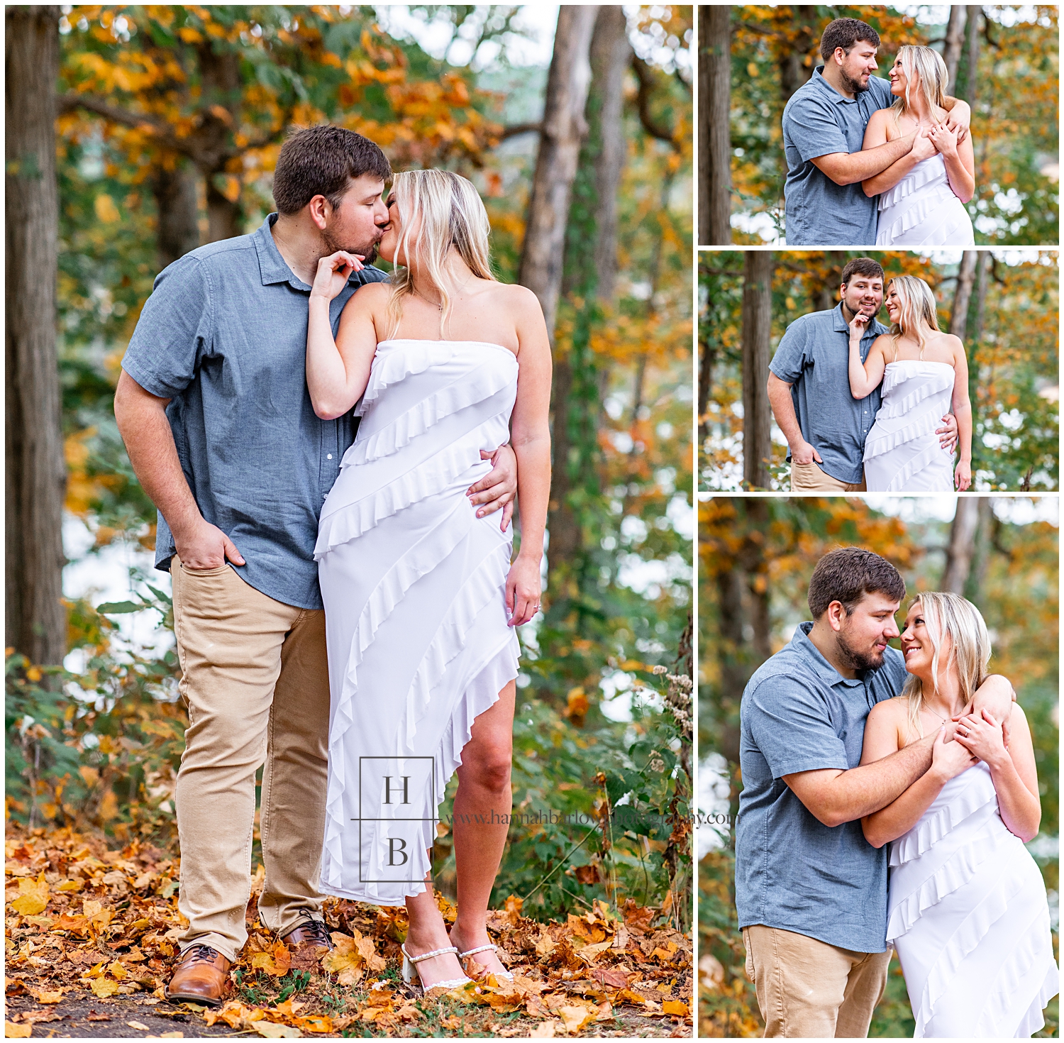 Man and woman stand together closely for engagement photos