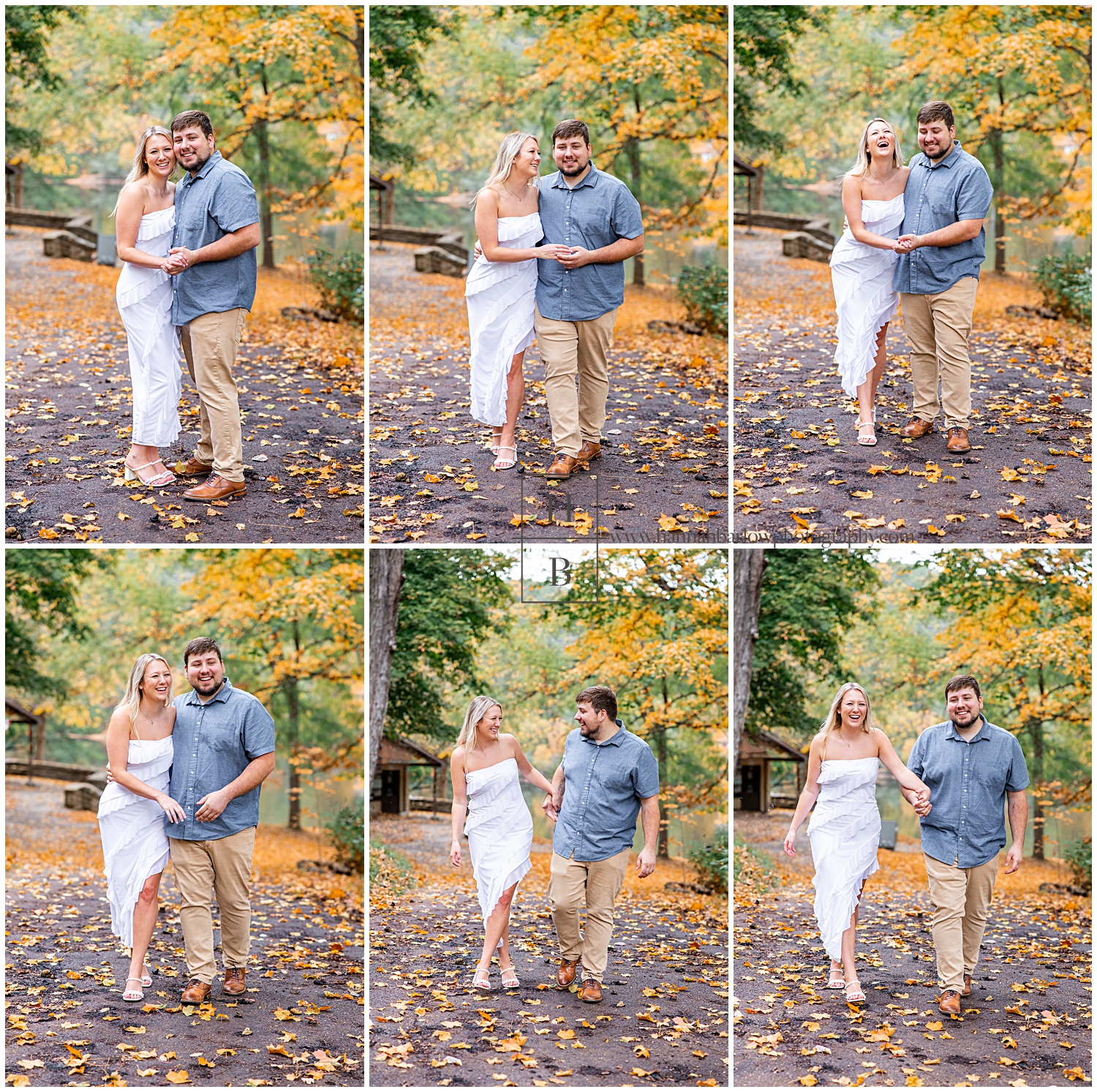 Man and woman walk and fall foliage laughing for engagement photos