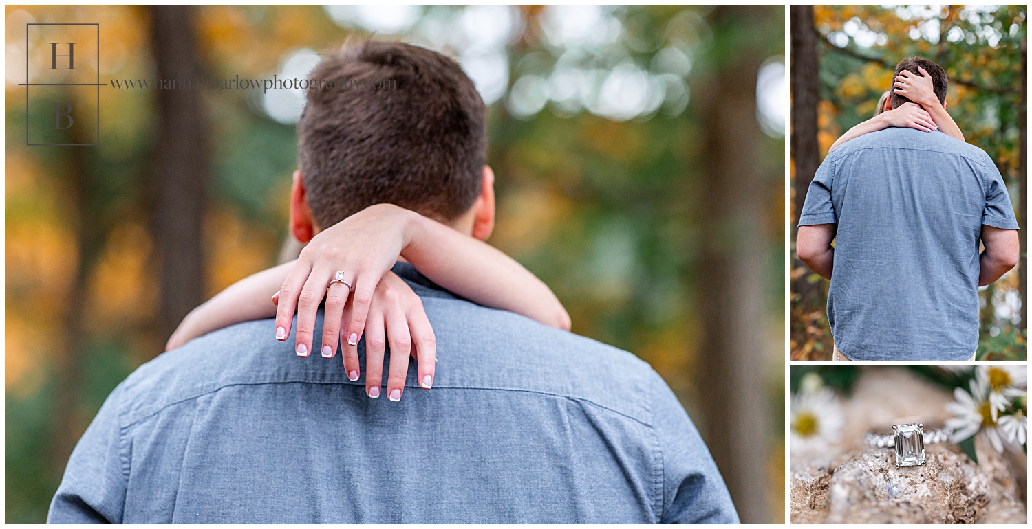 Engagement ring is highlighted woman has hands around neck of fiancé