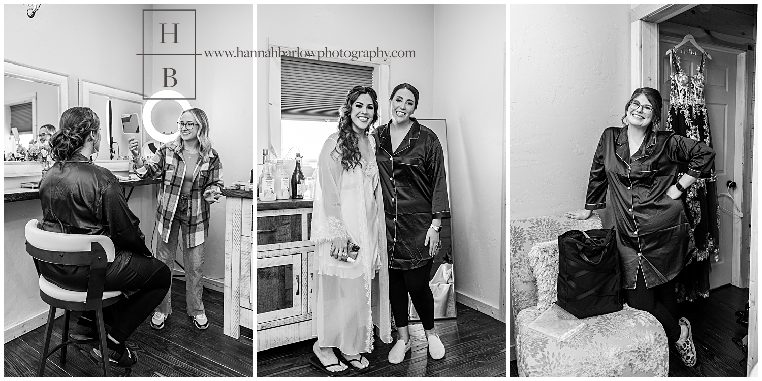 Black and white photos of bride and bridesmaids getting ready