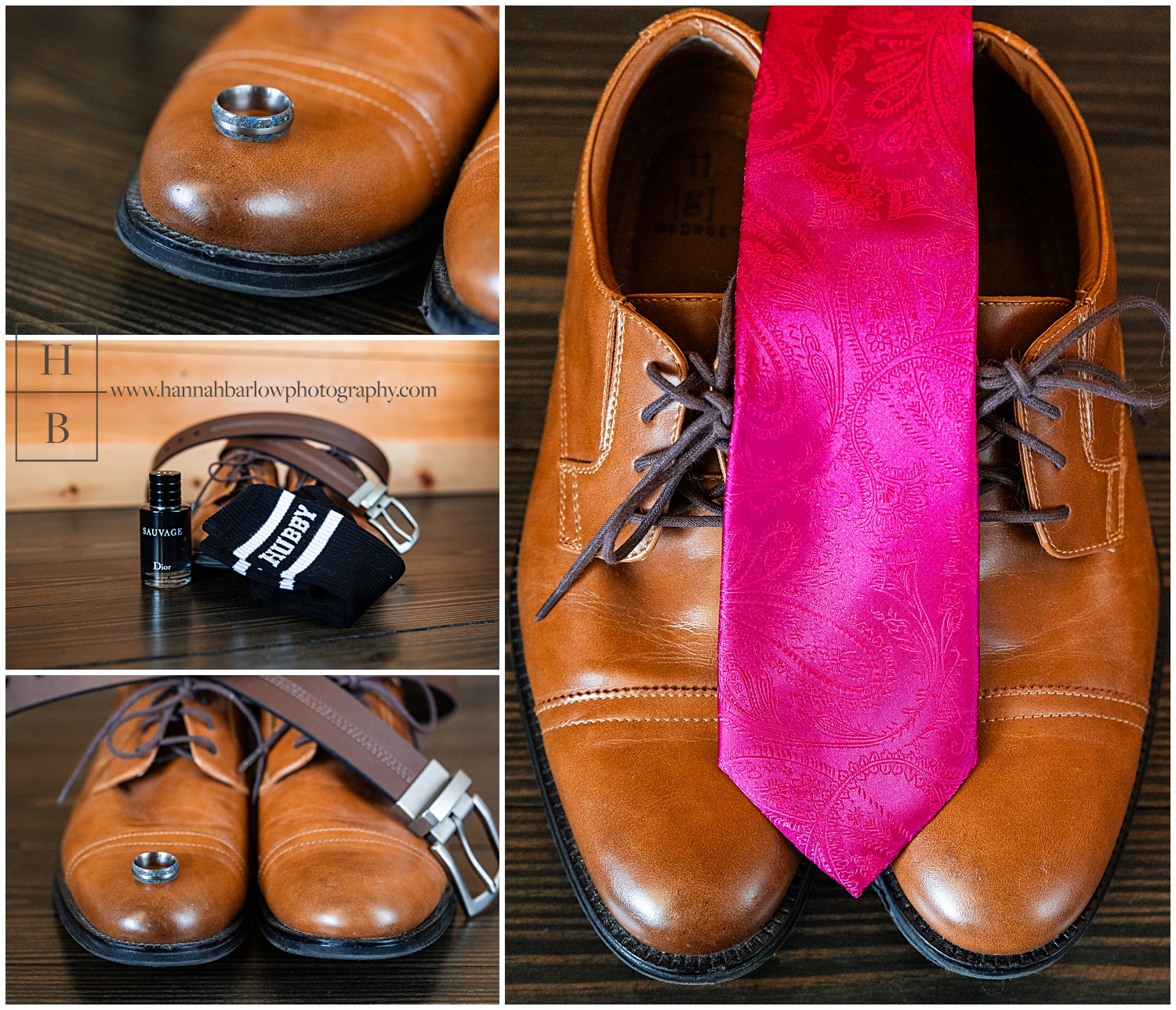 Brown groom details with pink tie