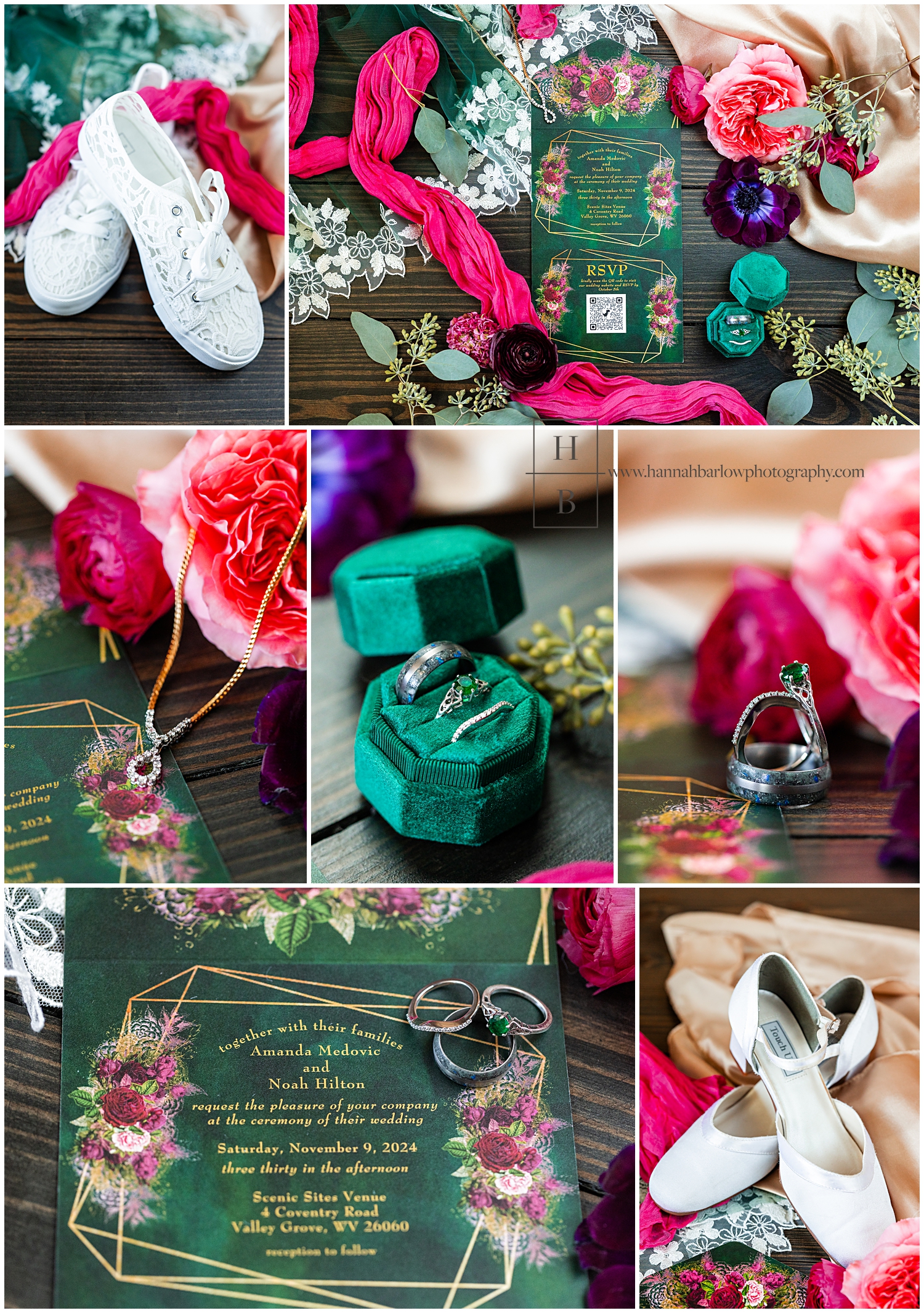 Bold colored green and pink and purple wedding details