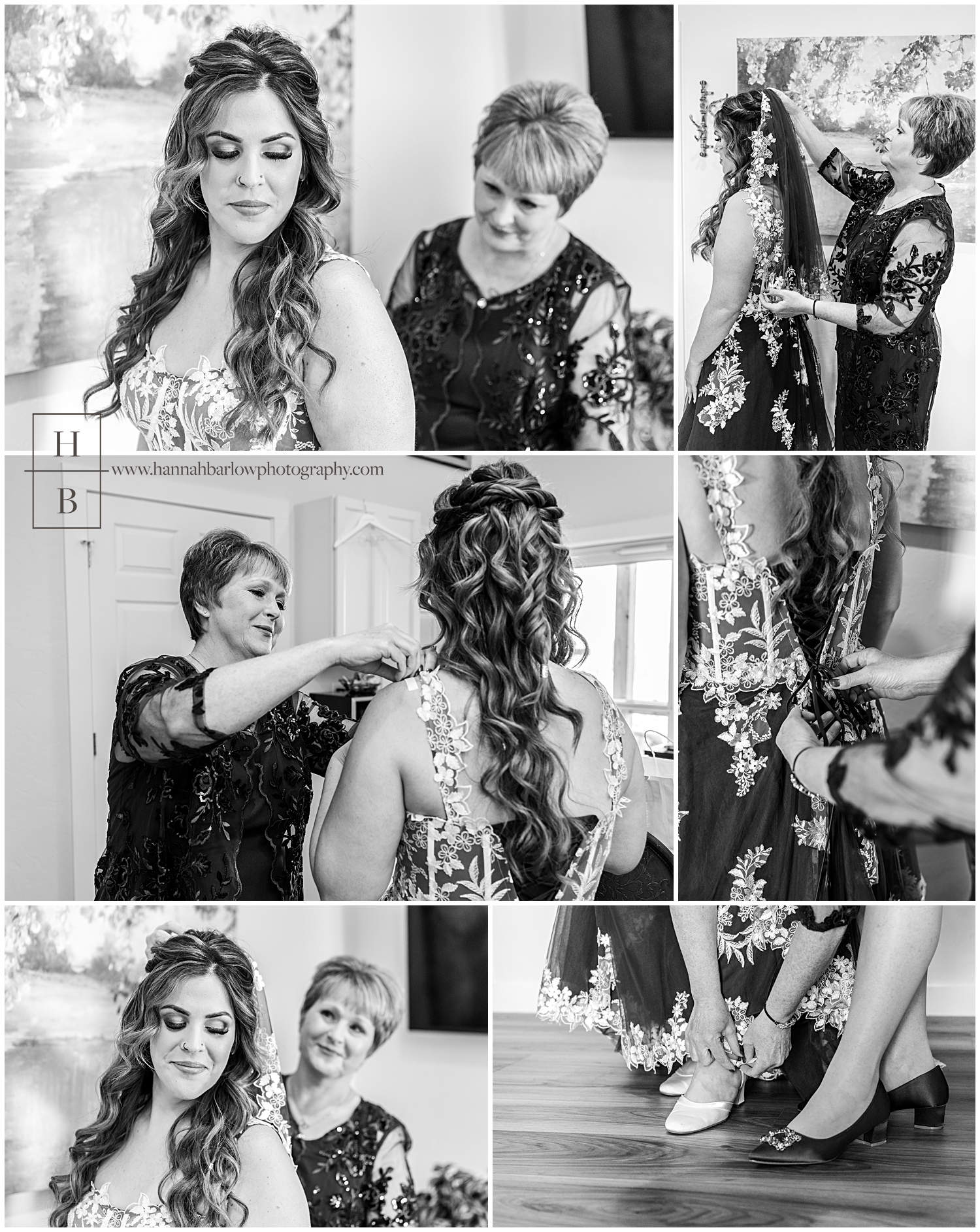 Black and white photo of bride and mom getting ready