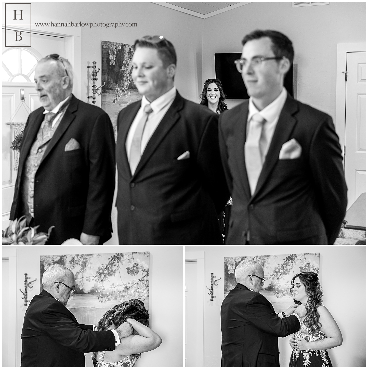 Black and white photos of dad and brothers first look with Bride