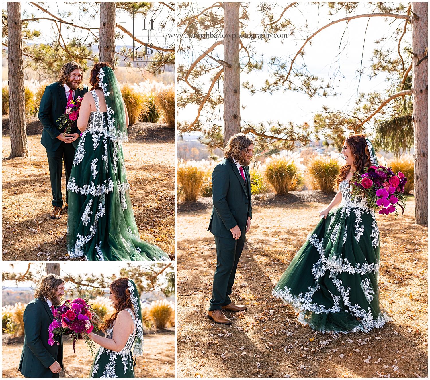 Bride shows groom her green dress during first look