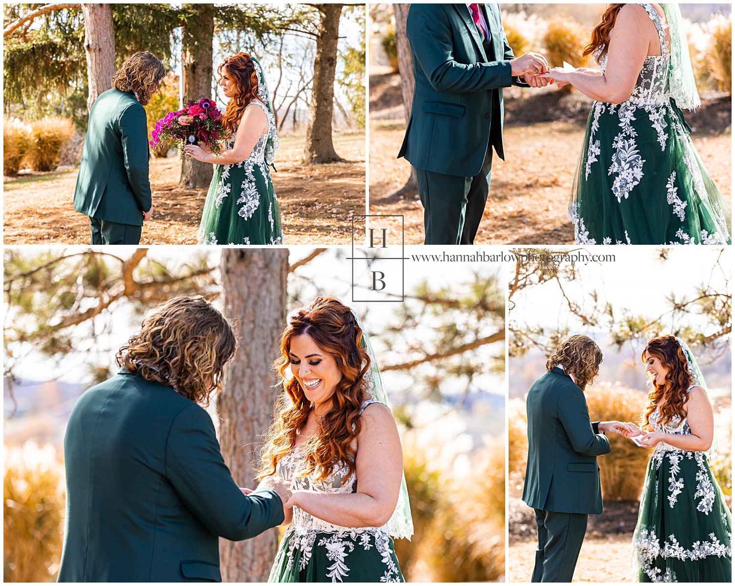 Bride and groom exchange rings during first look