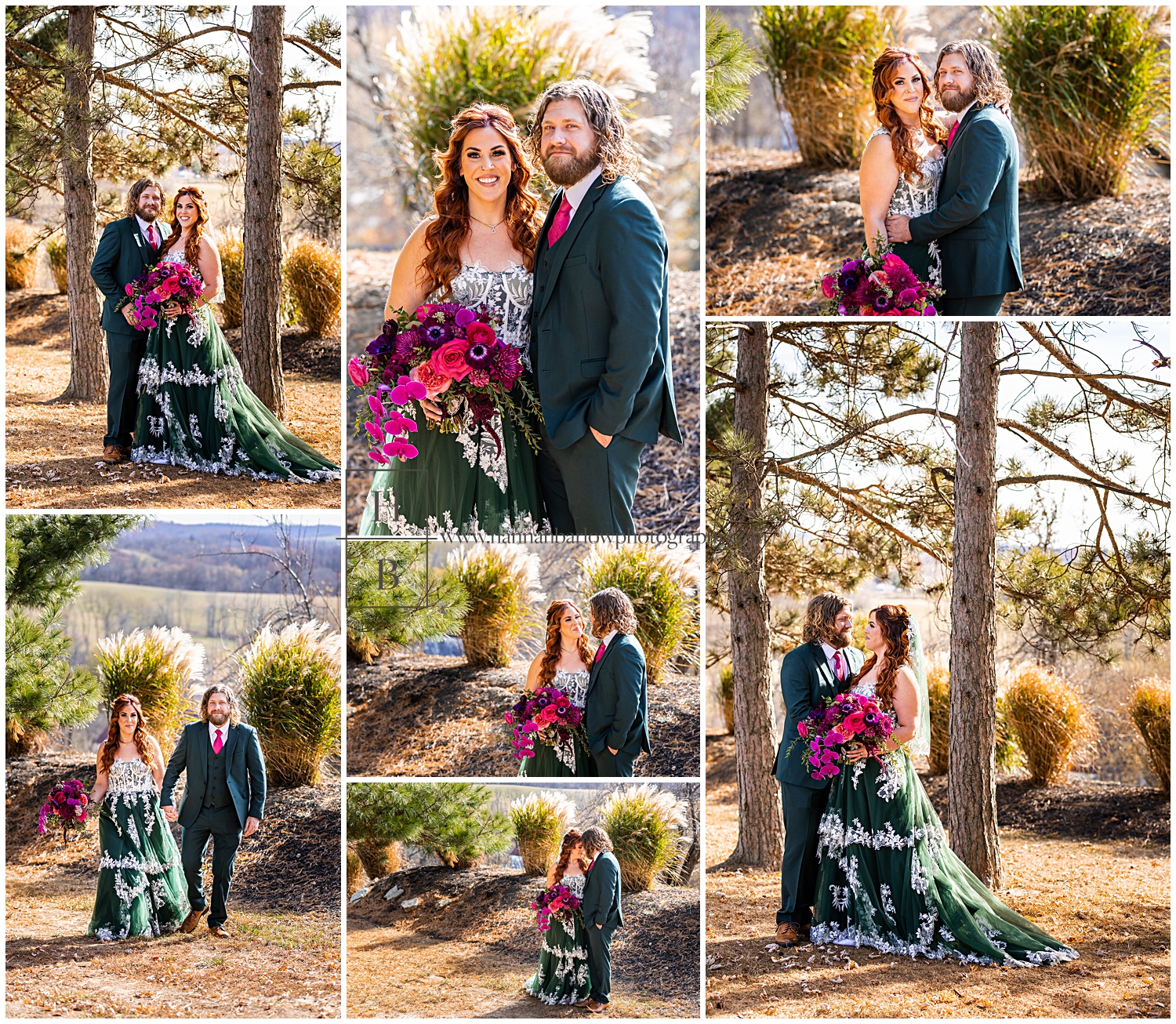 Bride wears green dress and groom wear his green tux for fall wedding photos