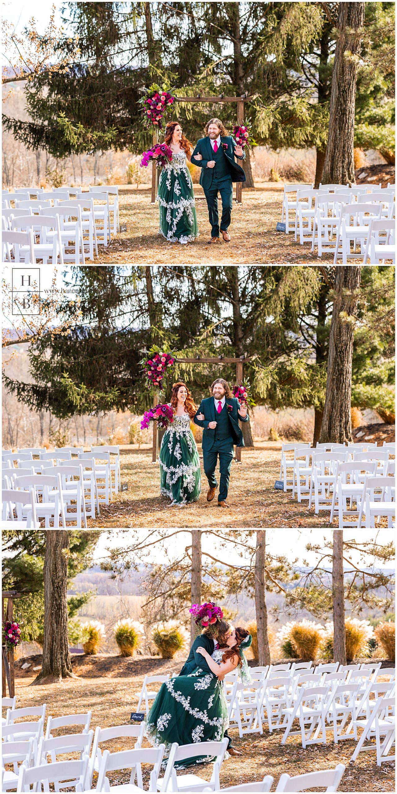 Bride and groom practice walking down the aisle and dipping