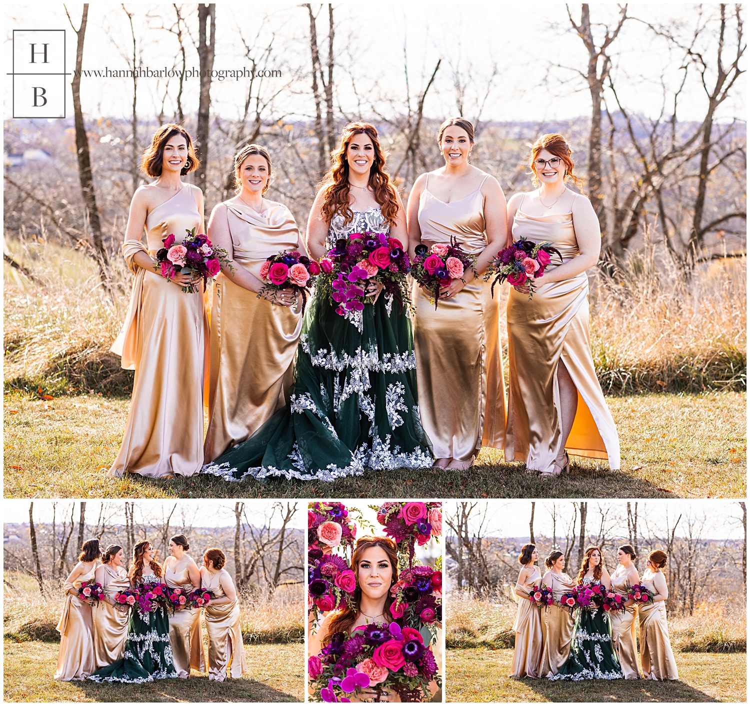 Bridesmaids and champagne dresses holding bright pink and purple flowers pose with Bride