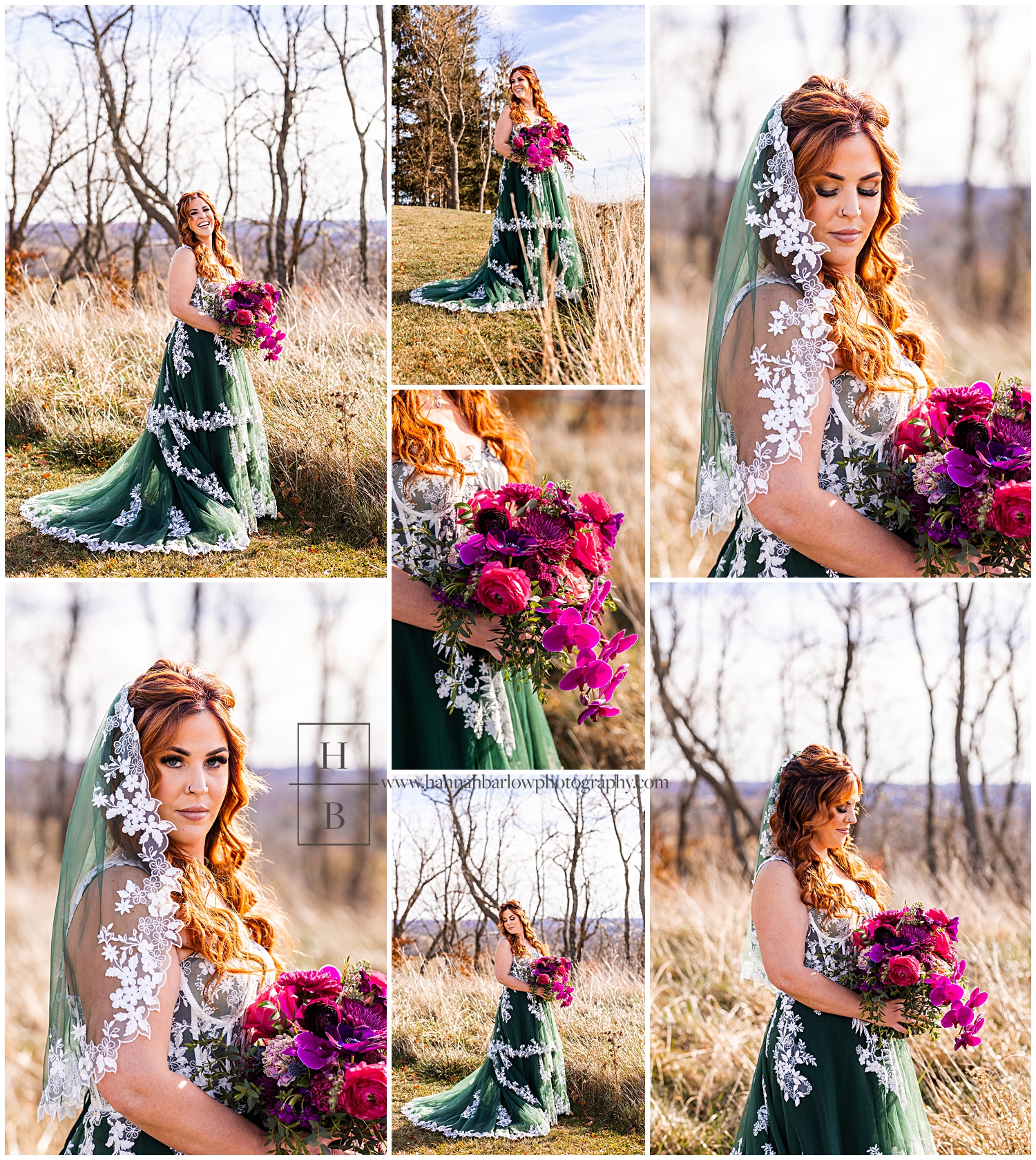 Bride in green dress holding pink and purple flowers poses for photos