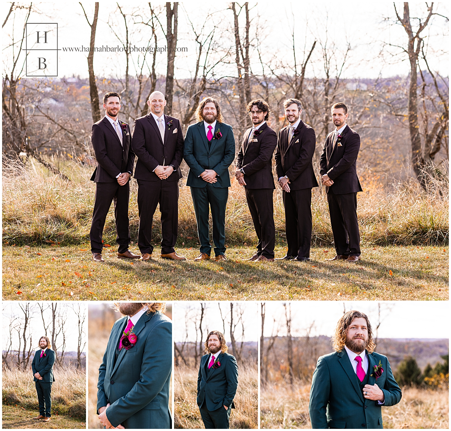 Groomsman in town taxes pose with groom and green tux during fall