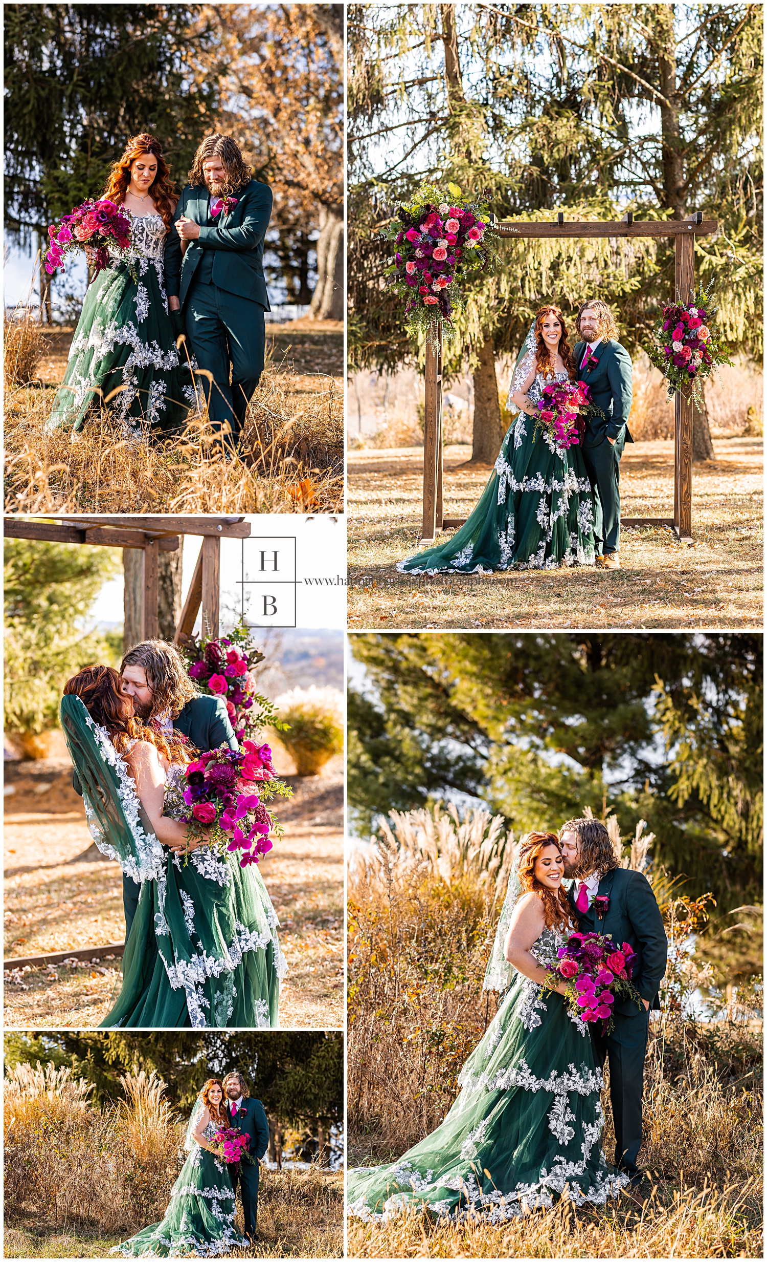 Bride and groom pose for fall photos