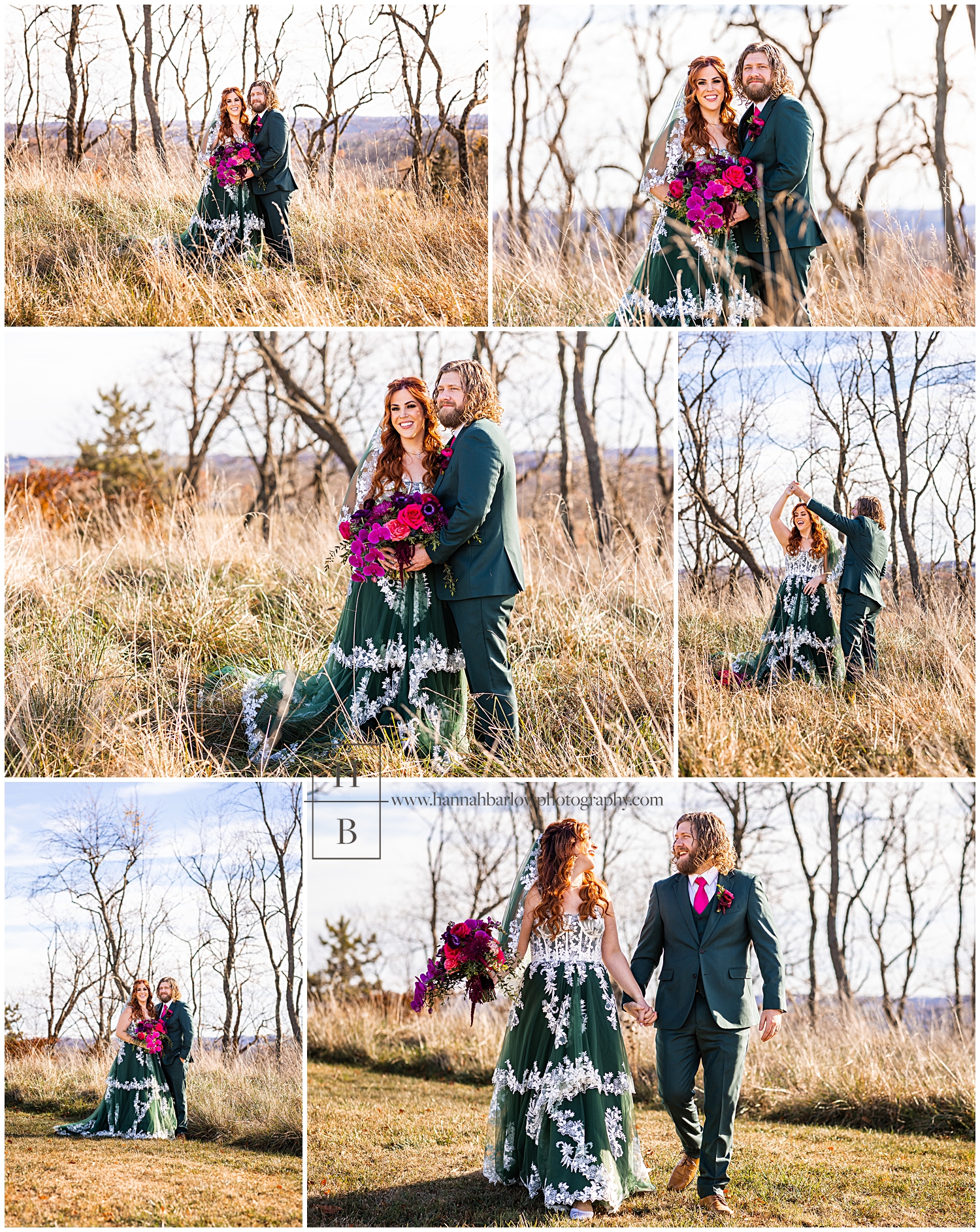 Bride and groom wear green and pose in winter field for fall photos