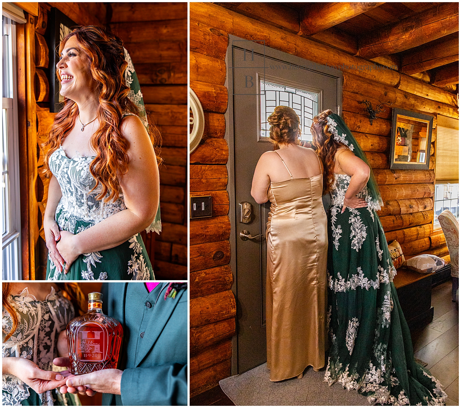 Bride and bridesmaids peek out window looking at ceremony