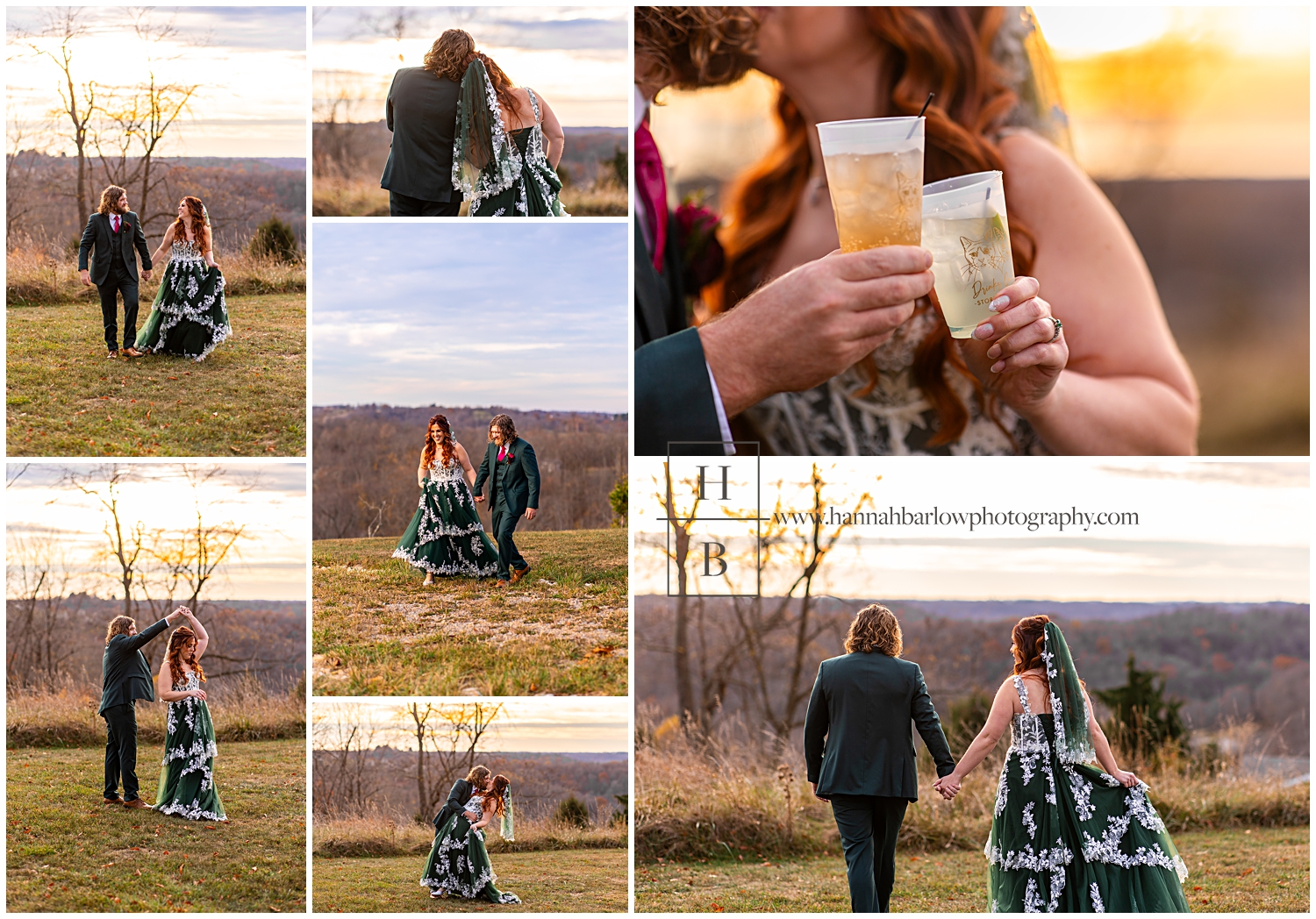 Bride and groom pose for photos during golden hour