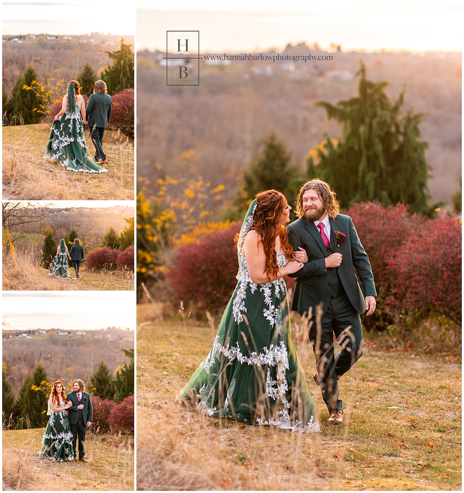 Bride and groom walk during golden hour in fall foliage