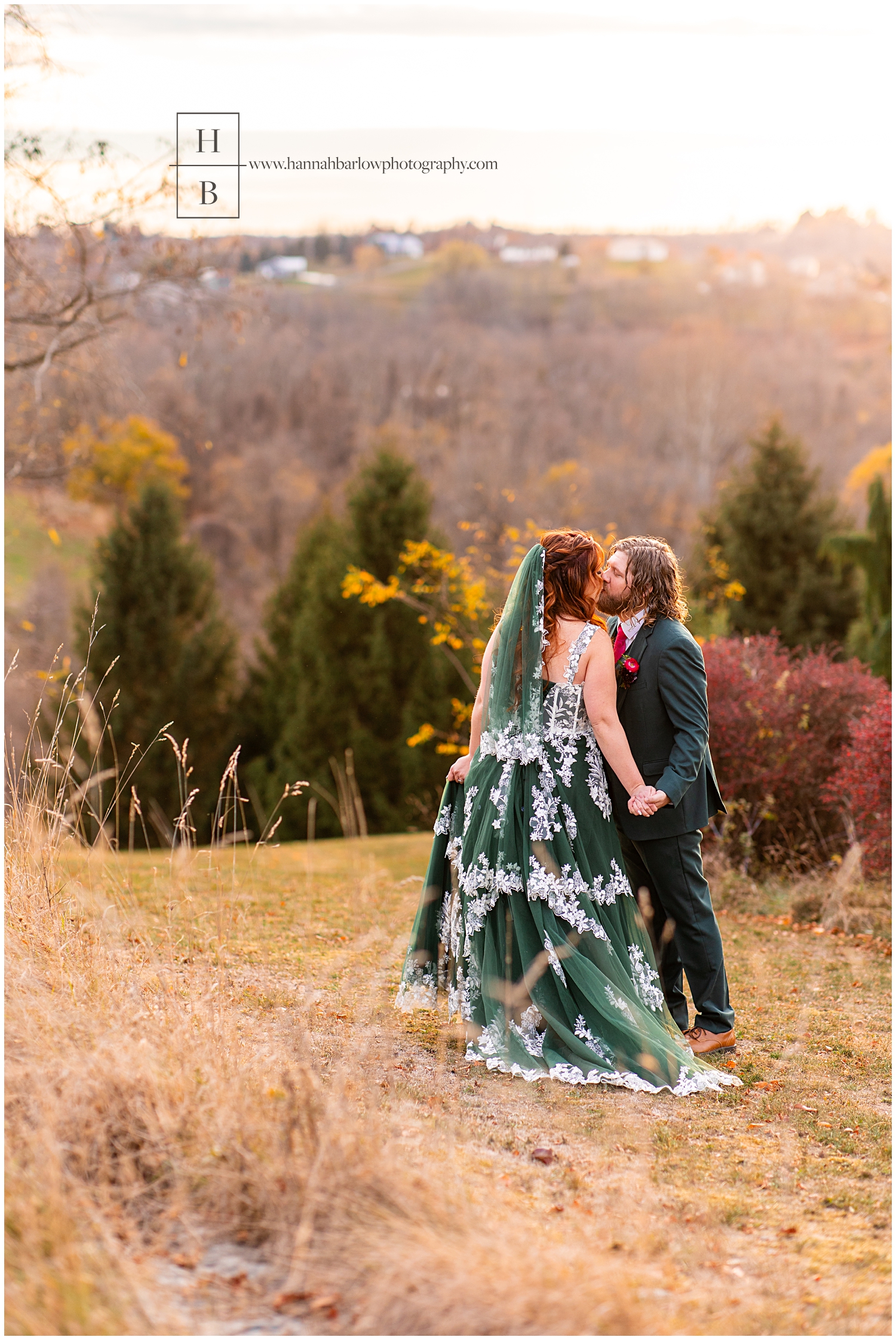 Bride and groom kissed during golden hour