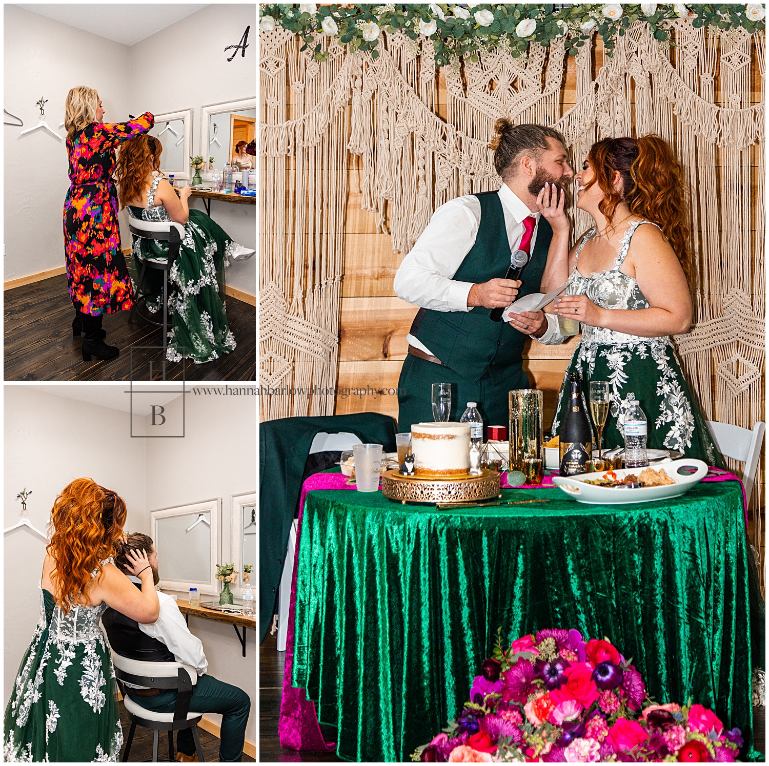 Bride and groom do one another's hair at the reception