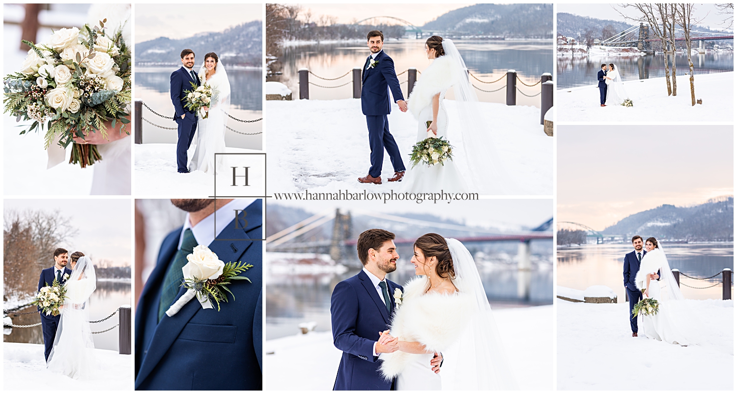 Bride and groom pose in snow for wedding photos