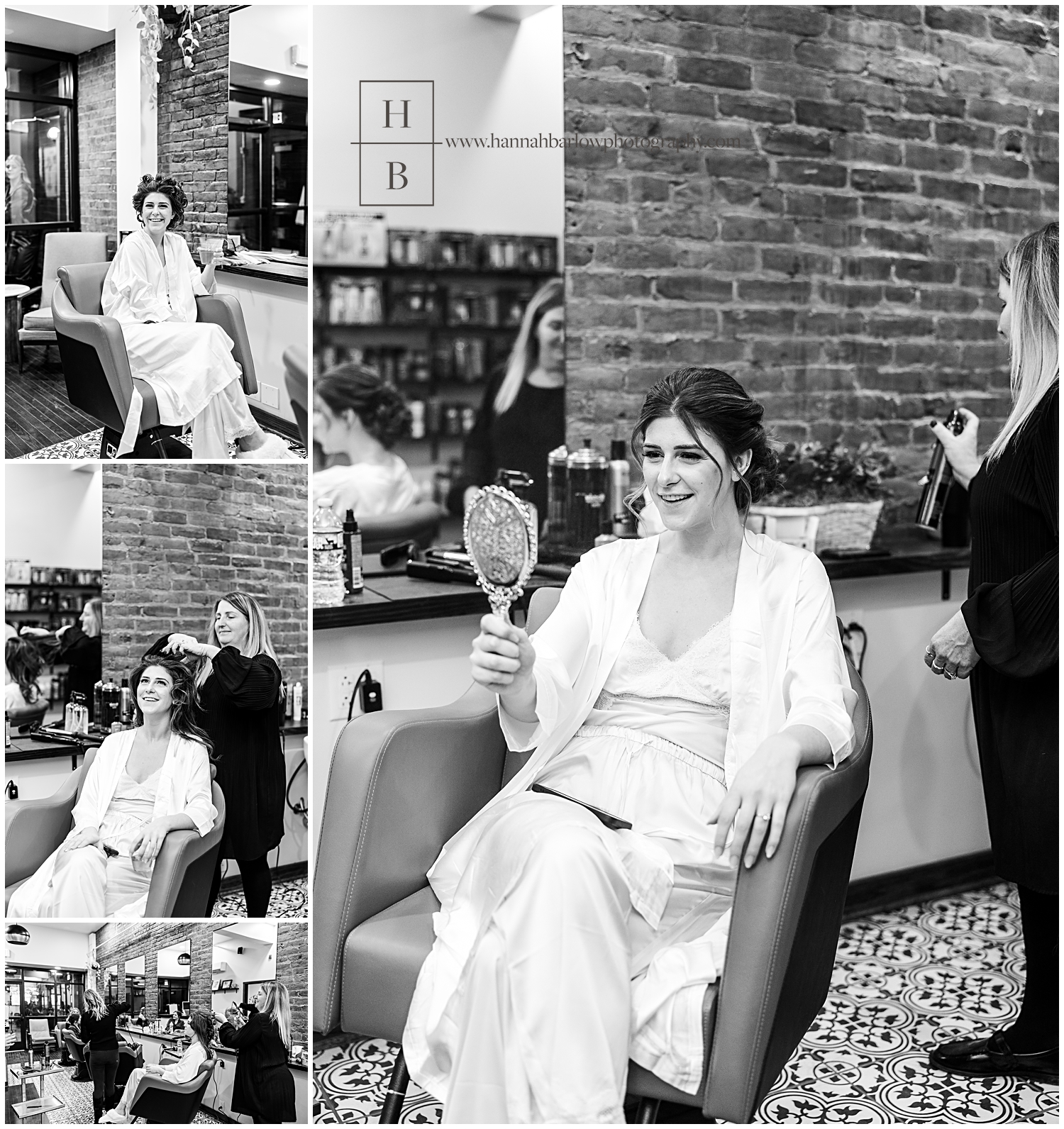 Black and white photos of bride getting hair and makeup done in silk robe