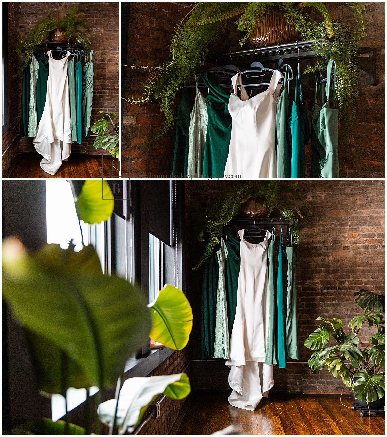 Bride's gown hands with green bridesmaid dresses with houseplants surrounding