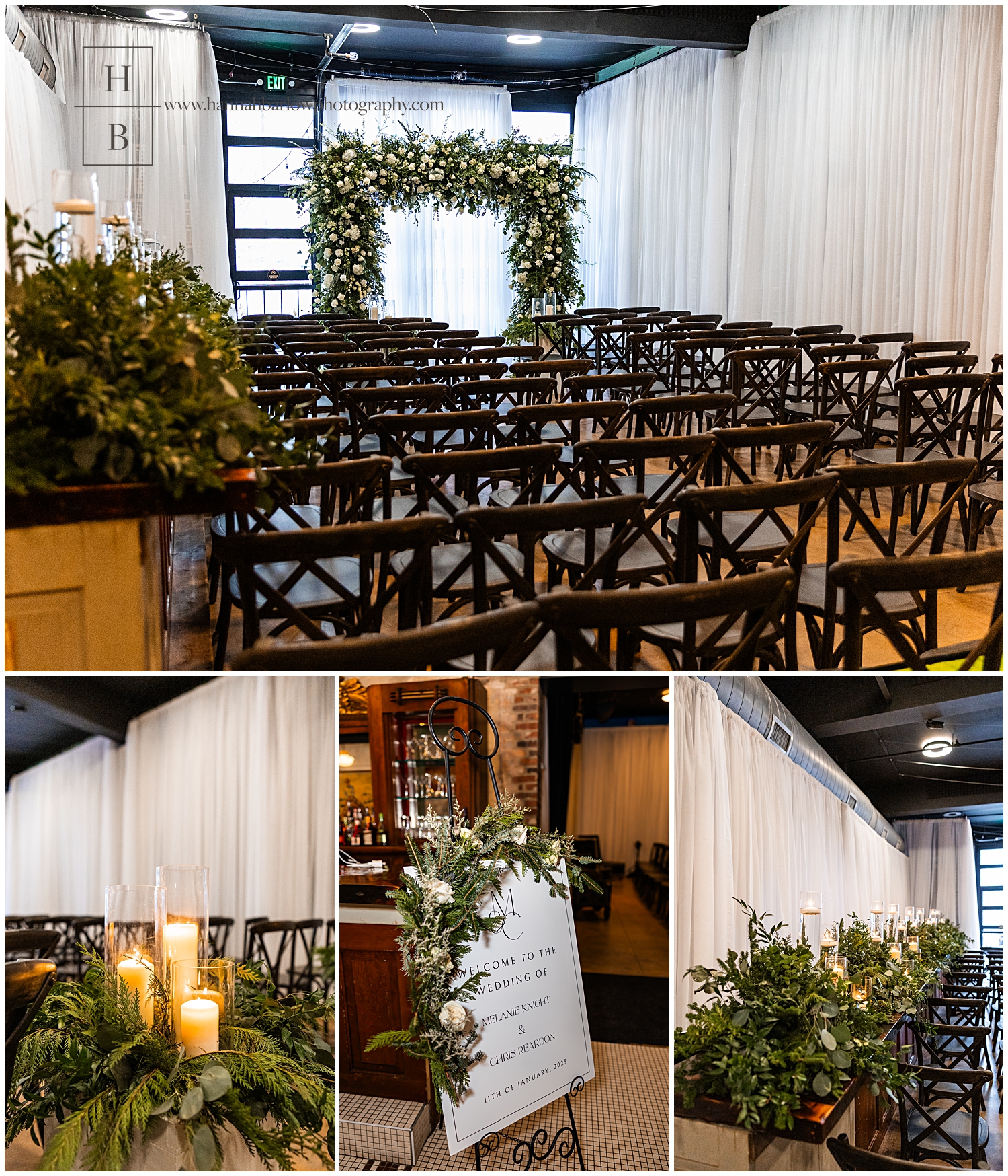 Waterfront Hall indoor wedding ceremony details with lots of greenery