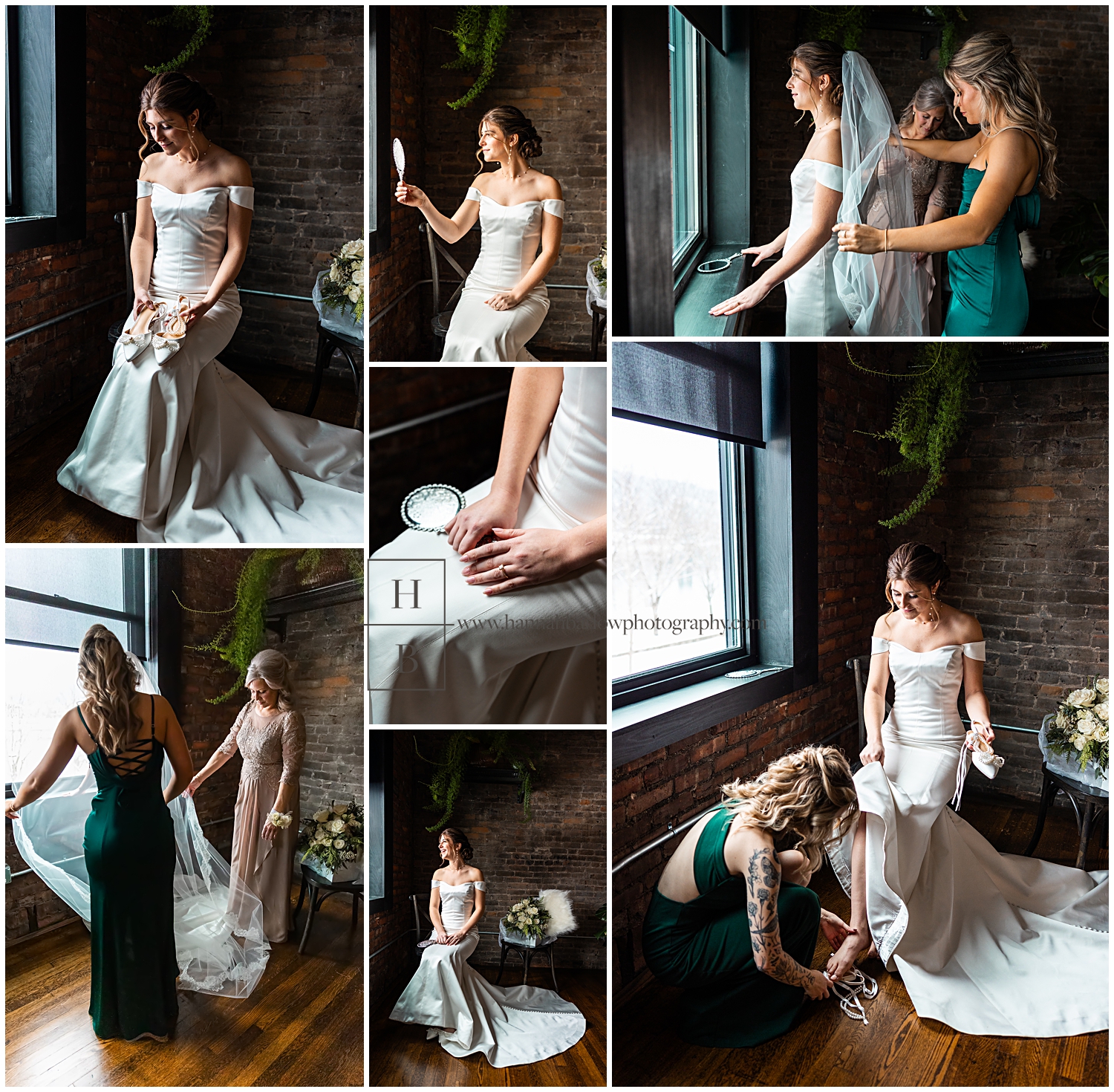 Bride gets ready with mom and bridesmaid in brick wall getting ready room