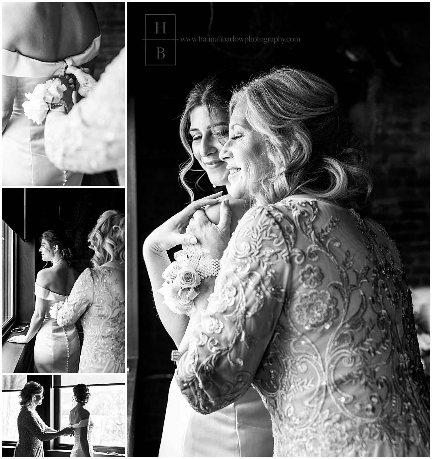 Black and white photos of mom helping bride get ready