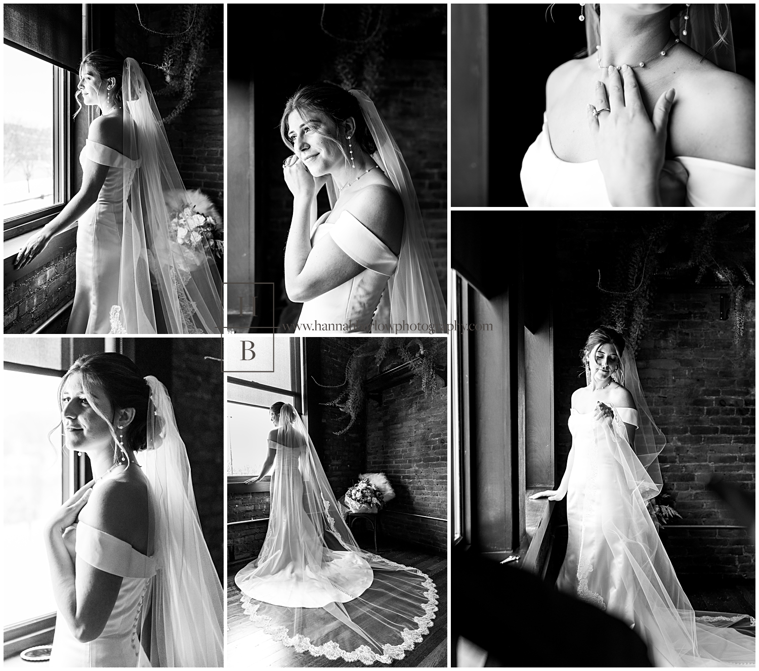 Black and white photos of bride getting ready for a wedding