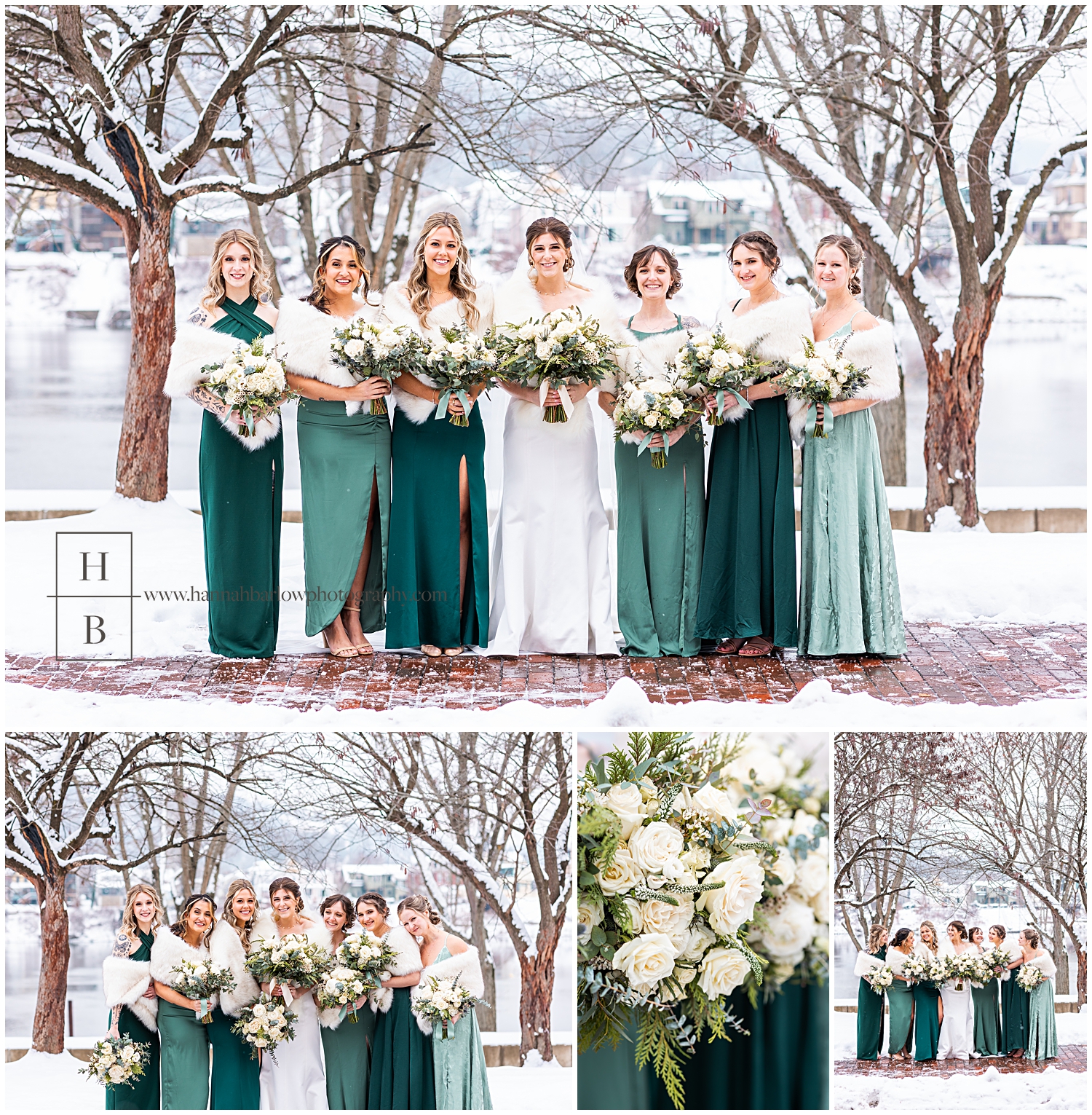 Bridesmaids and various colors of green pose with bride at snowy wedding