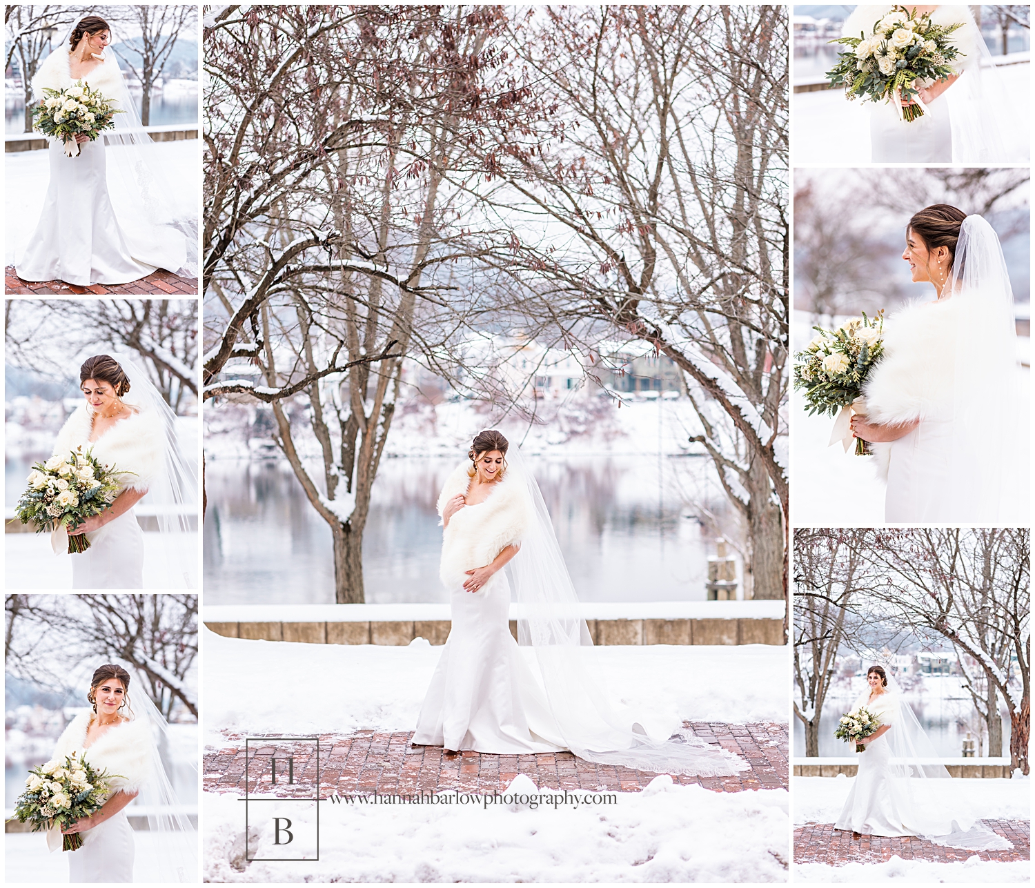 Bride in for cape poses for bridal photos on brick path with snow surrounding