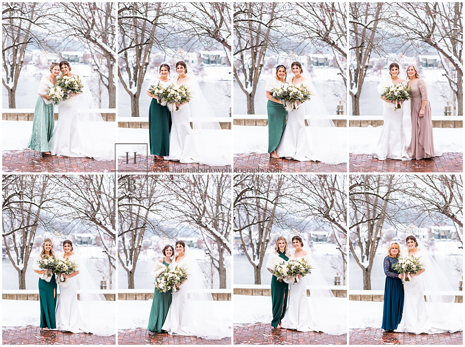 Each bridesmaid poses with bride for wedding collage