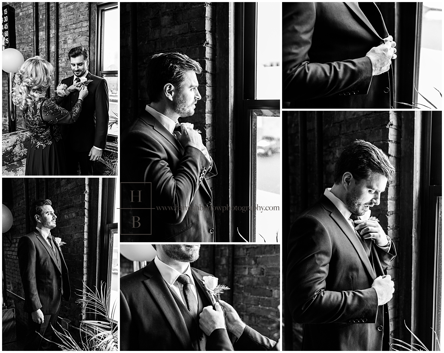 Black and white photos of groom getting ready looking out window