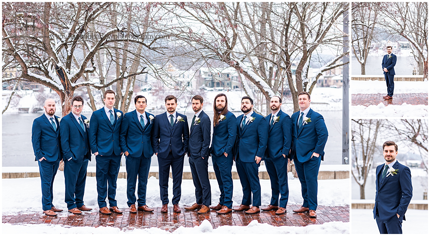 Groom and groomsmen in various blue taxes pose in snow for wedding photos