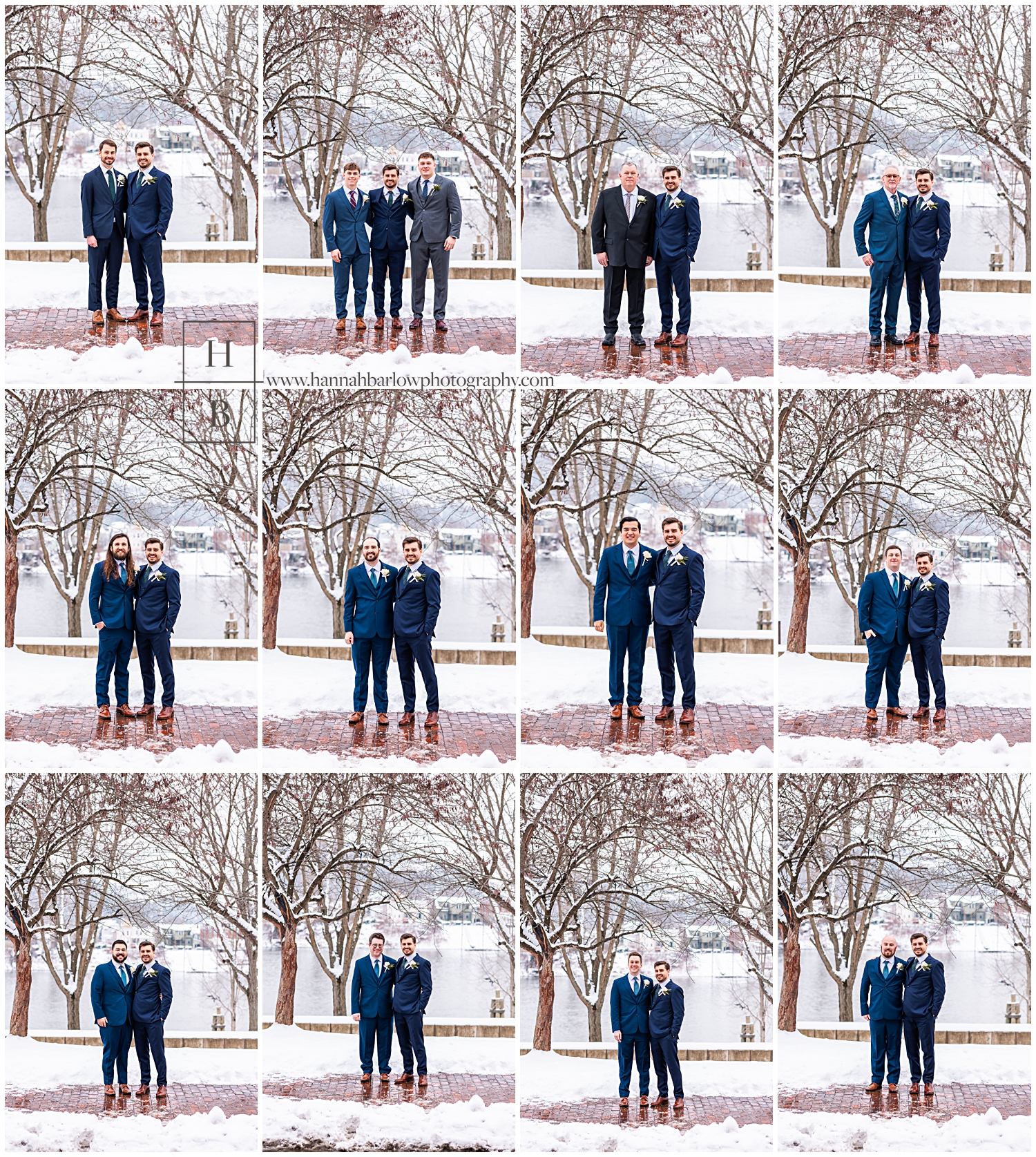 Individual photo of each groomsmen and fathers posing with groom at snowy wedding