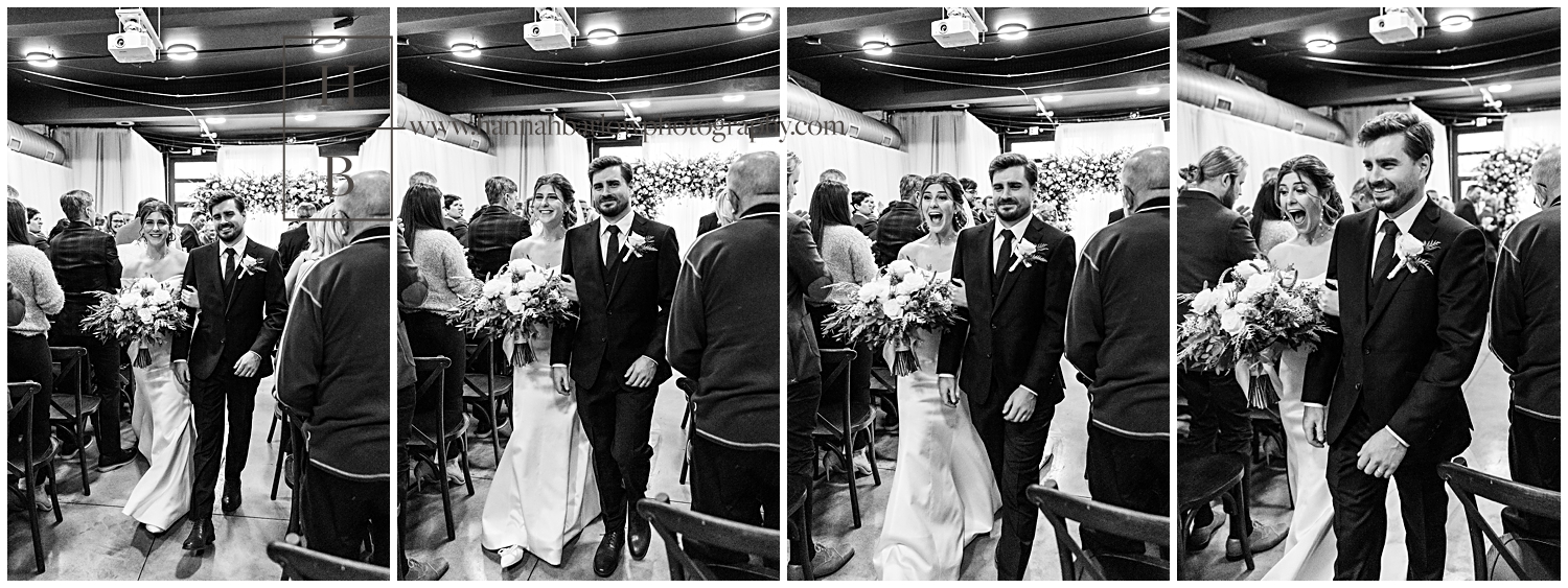 Black and white photos of Bride and Groom walking down the aisle after ceremony