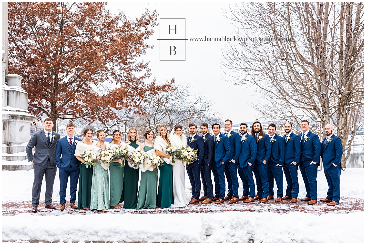 Full bridal party photo of bridesmaids in green dresses and groomsmen in blue tuxes posing with bride and groom