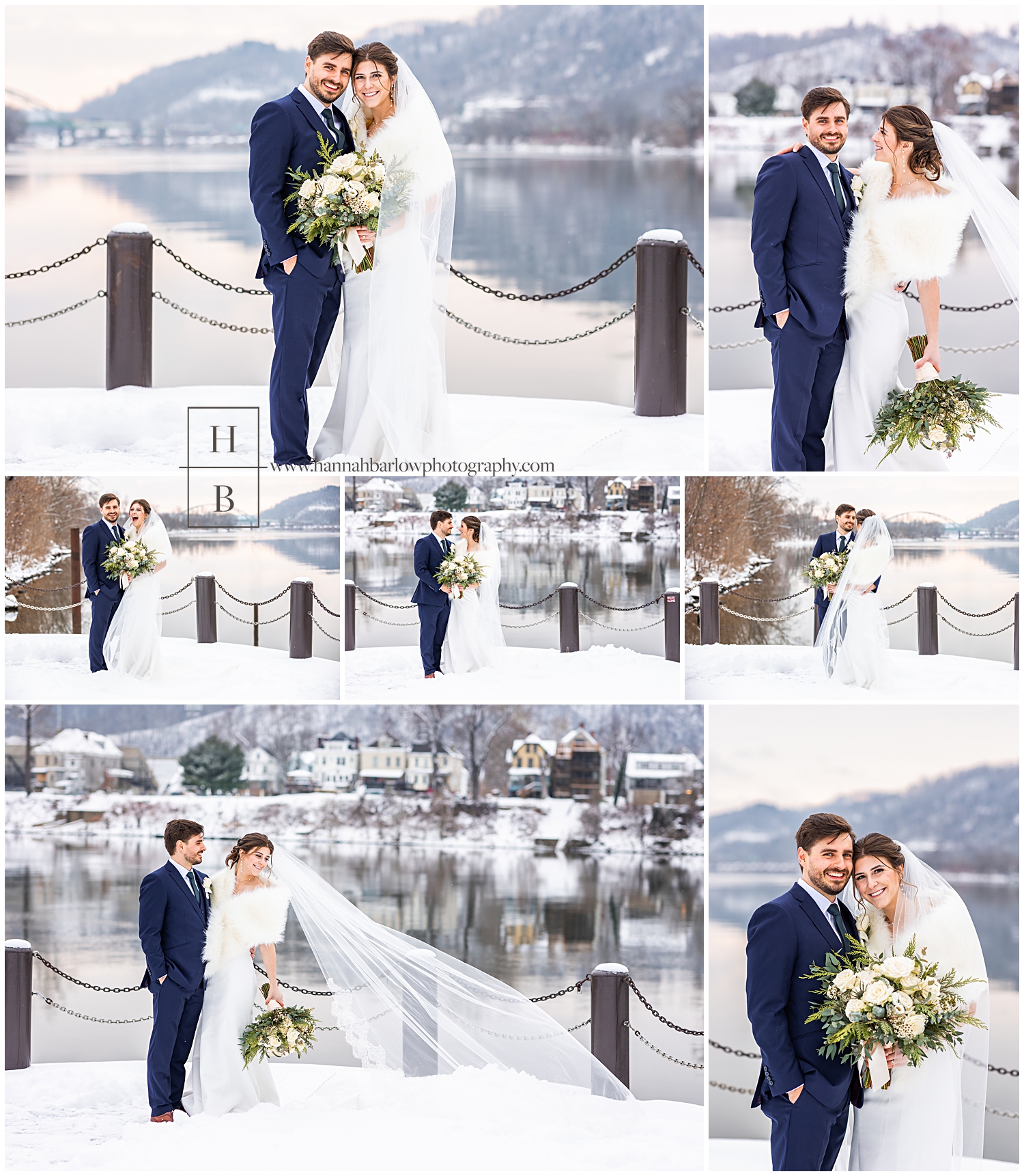 Bride and groom pose for snowy wedding photos by Riverfront in Wheeling West Virginia