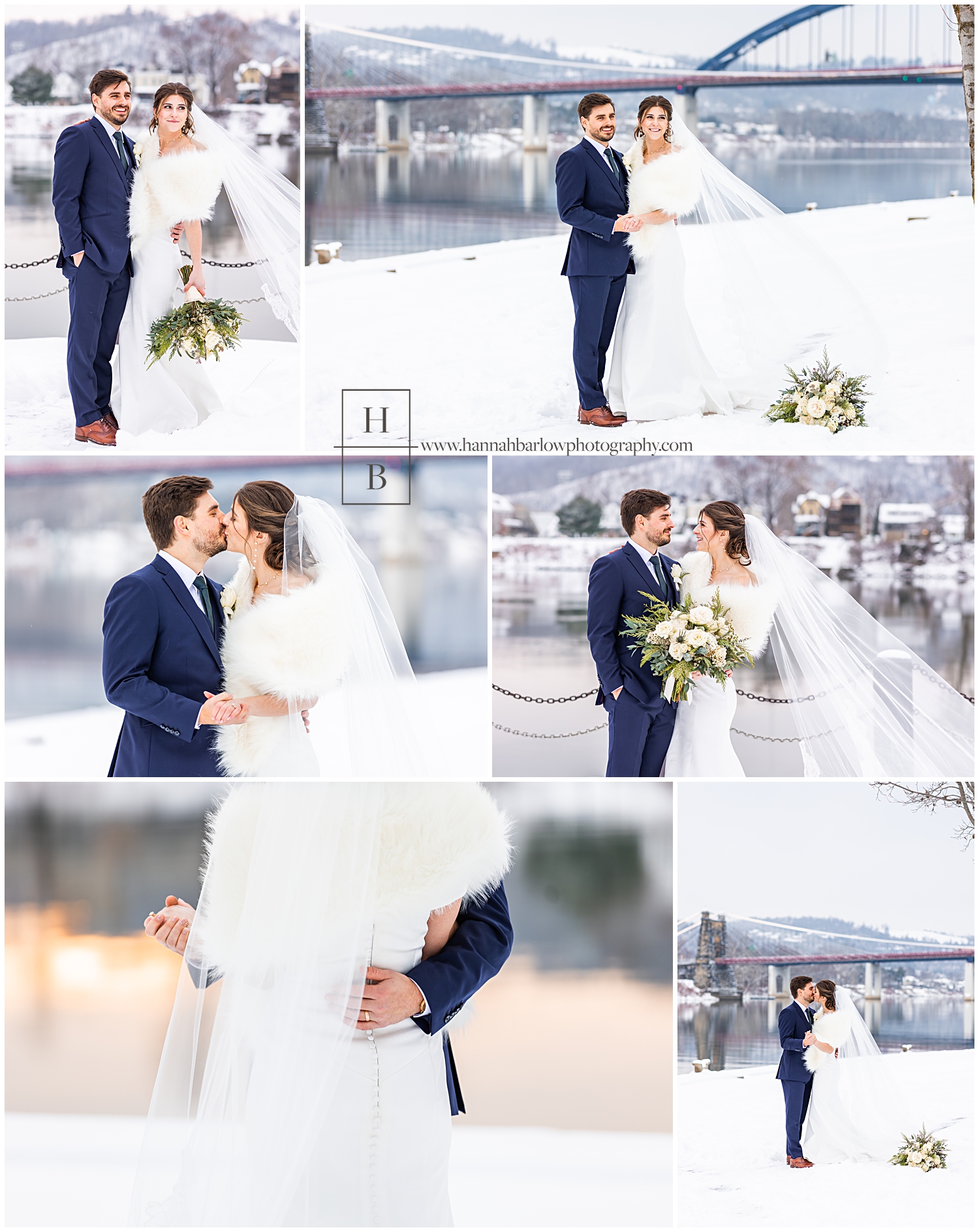 Bride and groom pose during golden hour for snowy wedding photos by river