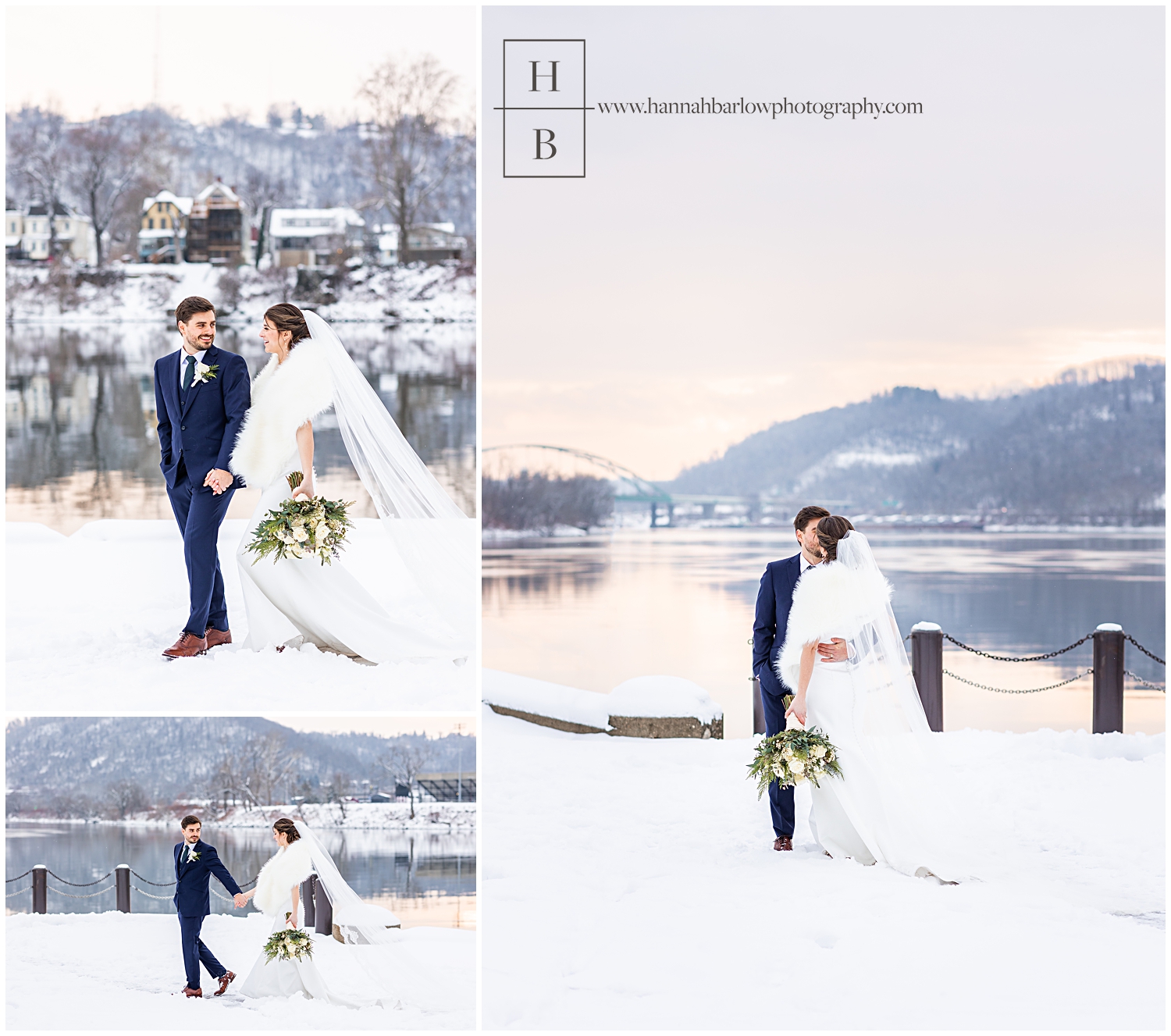 Bride and groom walk in snow for wedding photos